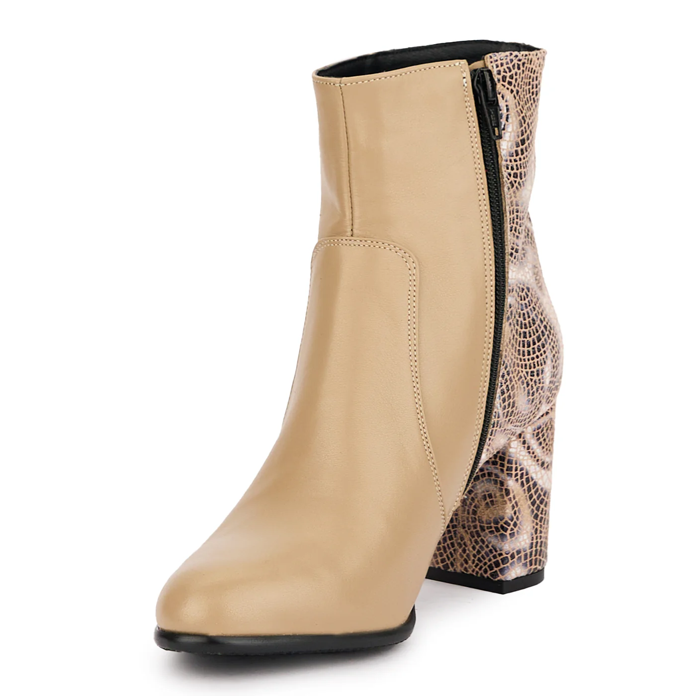 Botine dama din piele naturala bej + multicolor cu toc gros 7.5 cm 16946 - Image 3