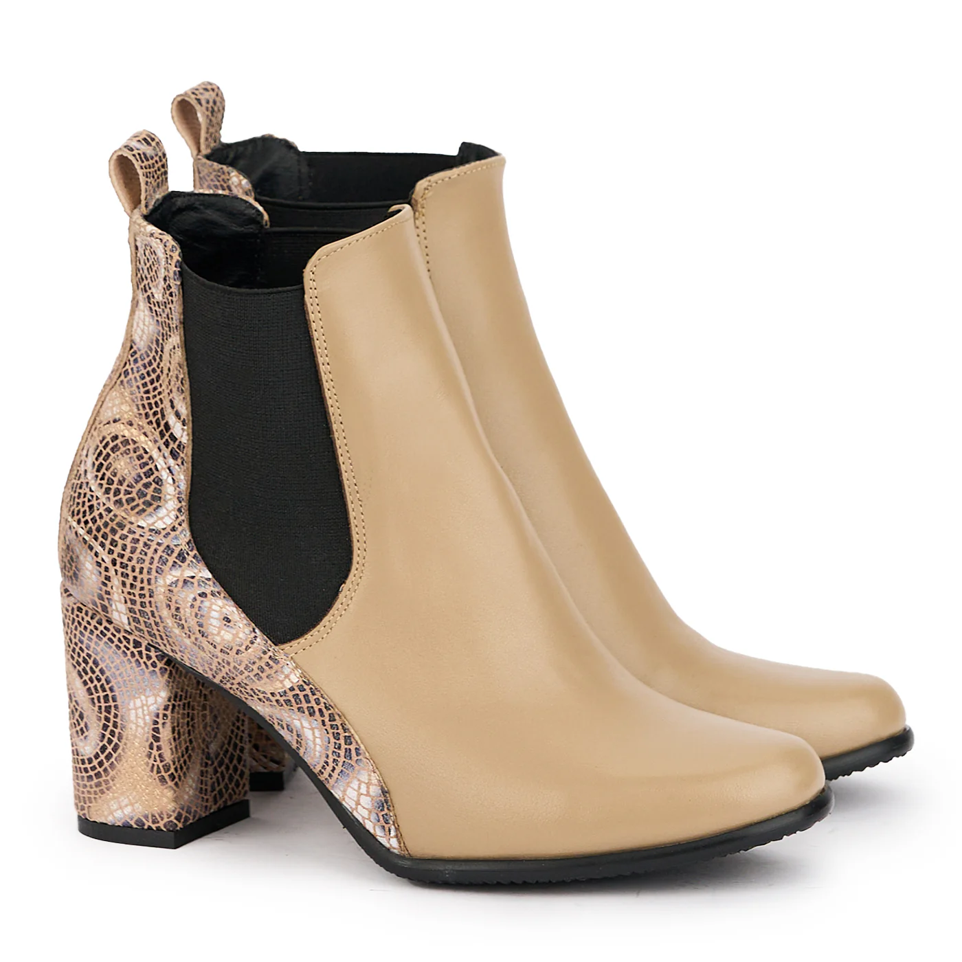 Botine dama din piele naturala bej + multicolor cu toc gros 7 cm 17037 - Image 4