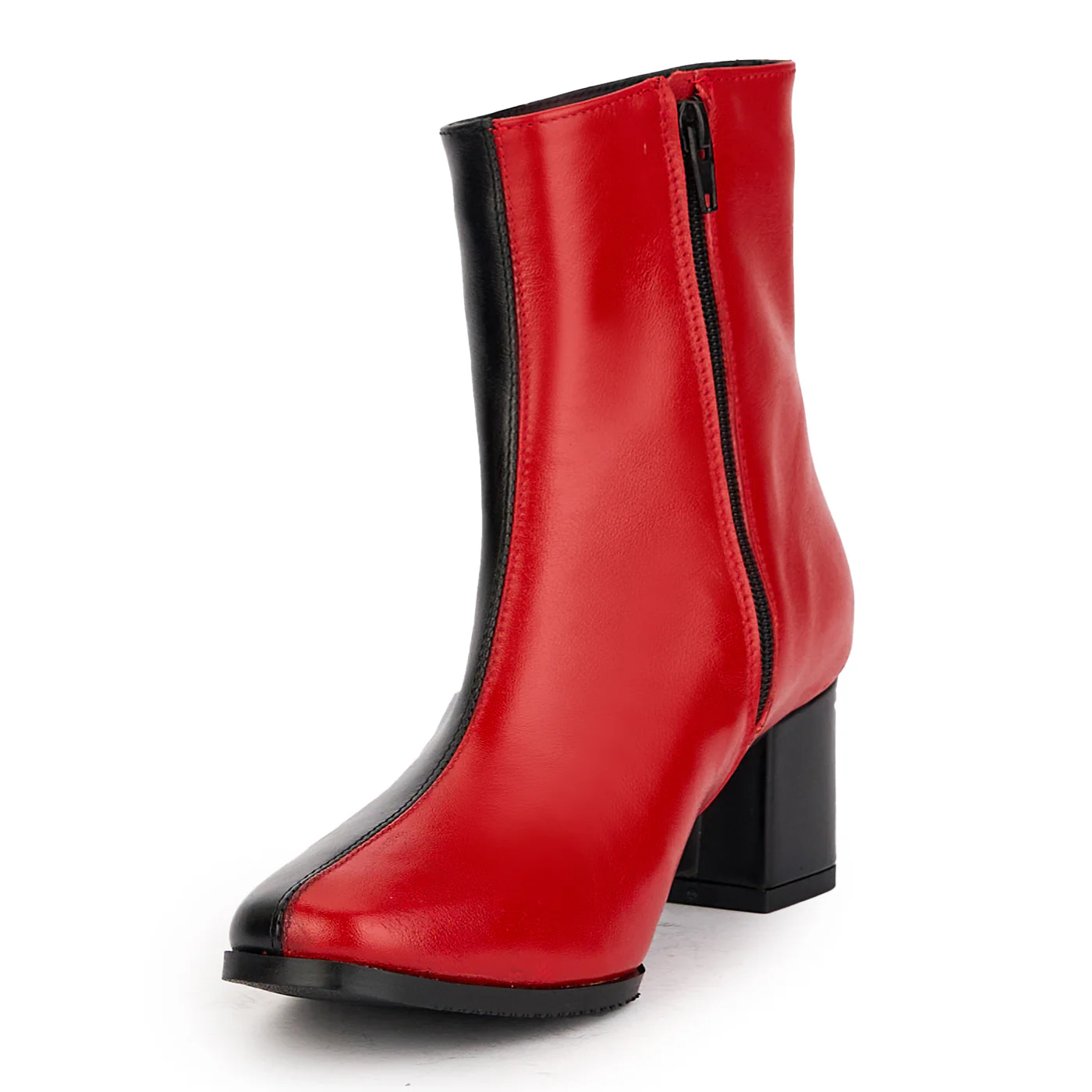 Botine dama din piele naturala bicolor rosu-negru cu toc gros 6 cm 17183 - Image 3