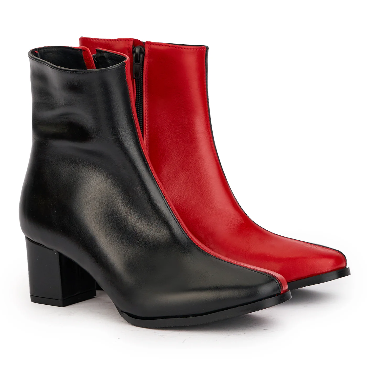 Botine dama din piele naturala bicolor rosu-negru cu toc gros 6 cm 17183 - Image 4
