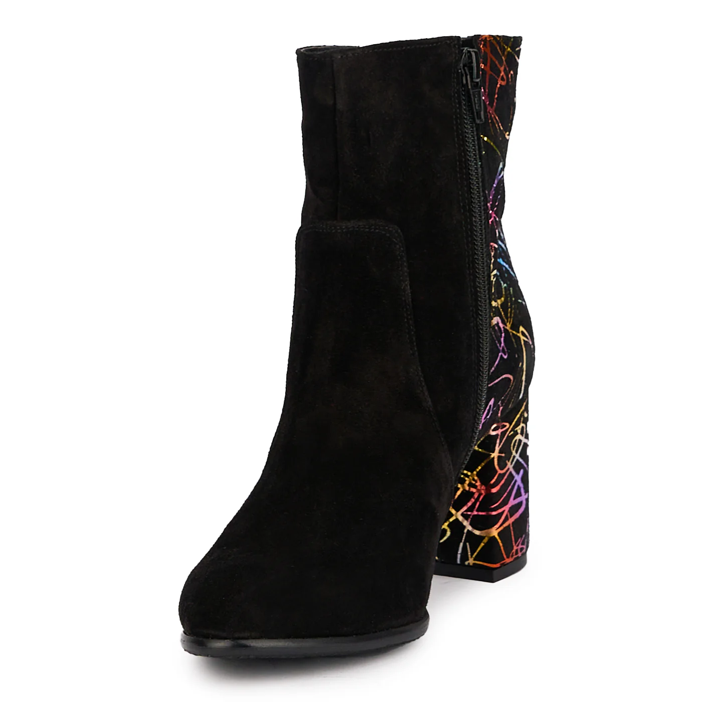 Botine dama din piele naturala neagra + multicolor cu toc gros 7.5 cm 16947 - Image 3