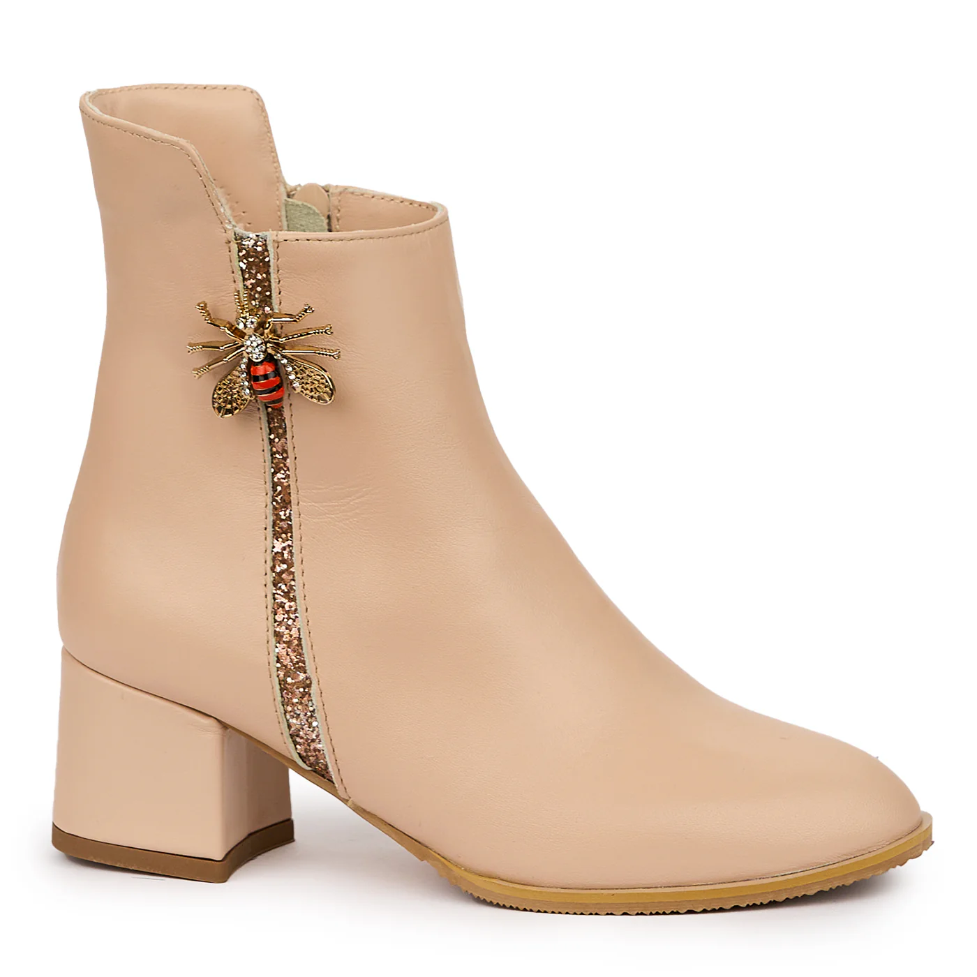 Botine dama din piele naturala roz - nude cu toc gros 5.5 cm 14263
