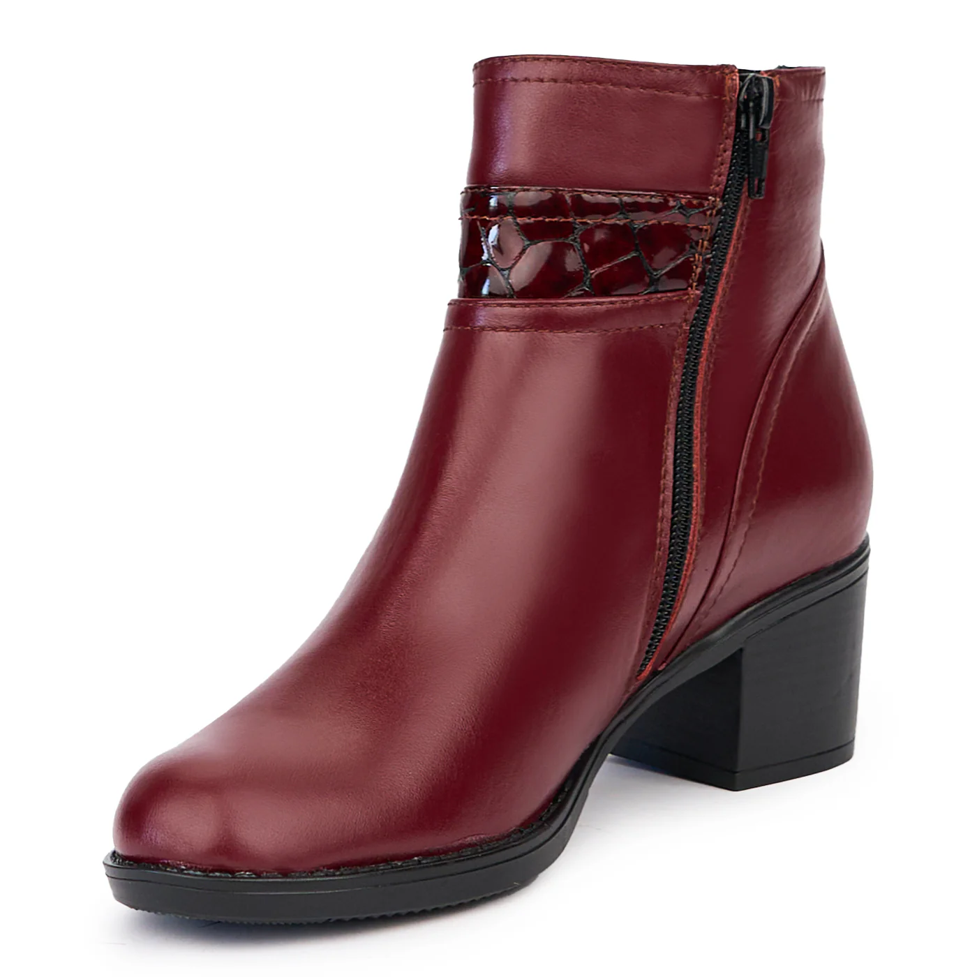 Botine dama din piele naturala visinie cu toc gros 5.5 cm 14506 - Image 3