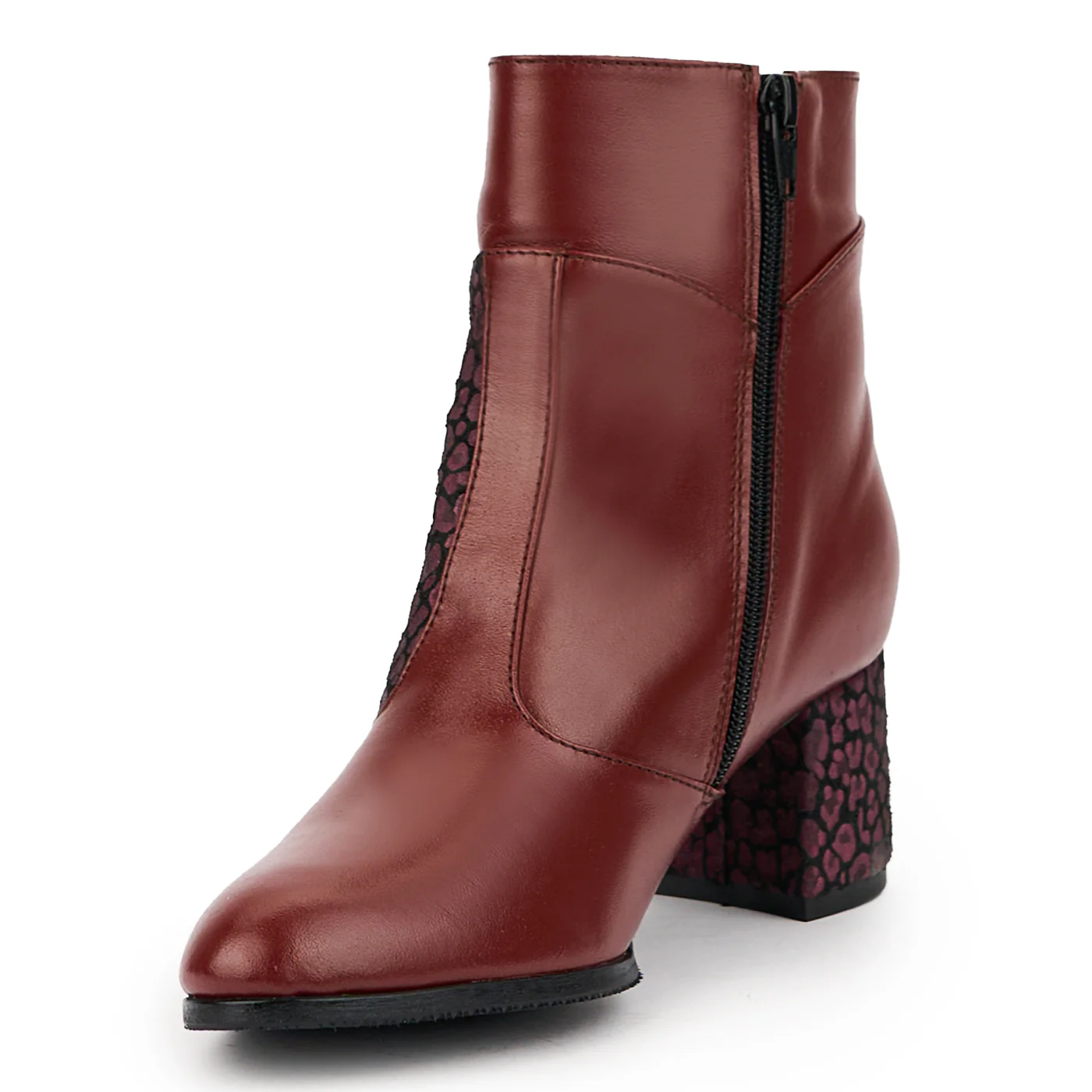 Botine dama din piele naturala visiniu cu toc gros 6 cm 14752 - Image 3