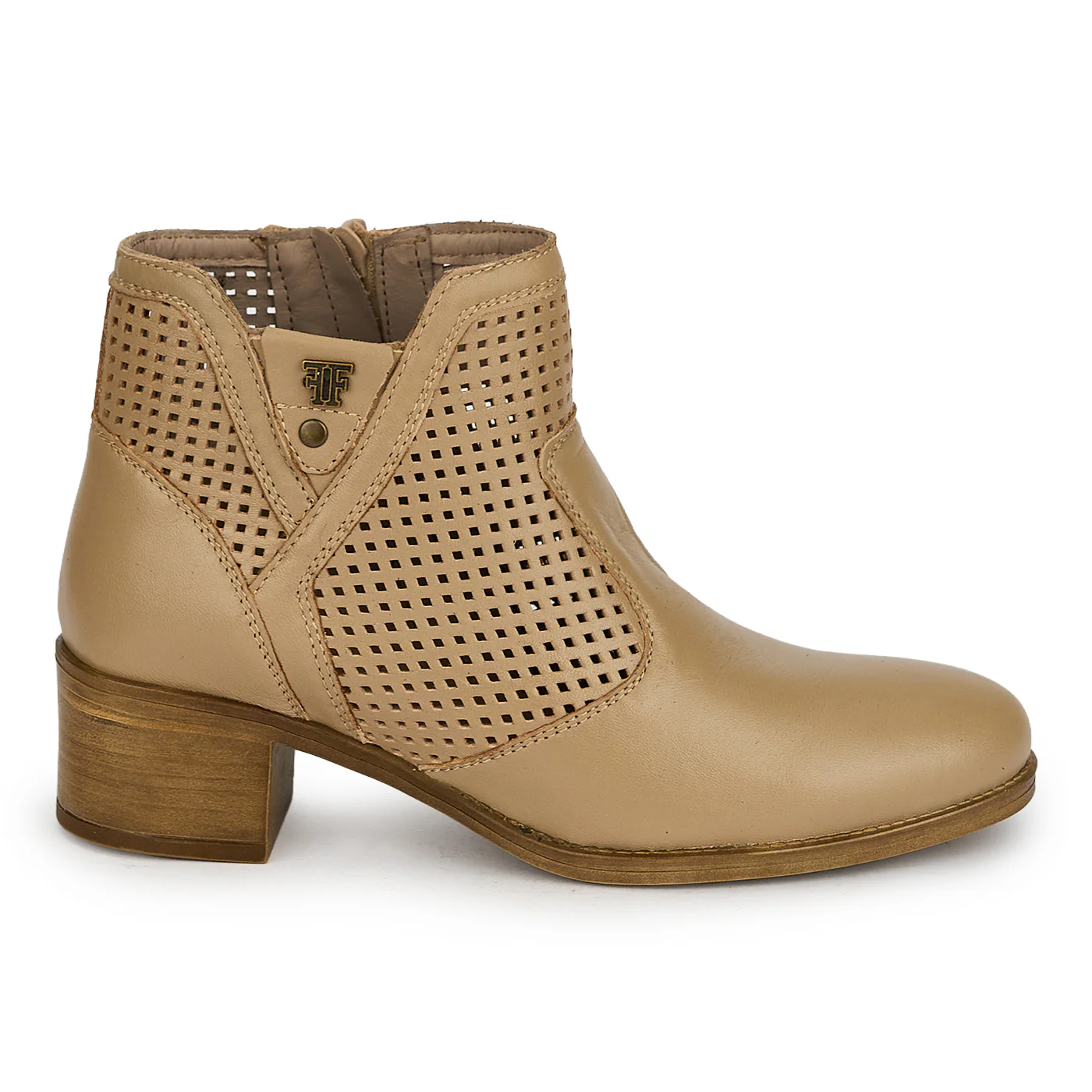 Botine perforate din piele naturala bej taupe cu toc gros 4 cm 19822