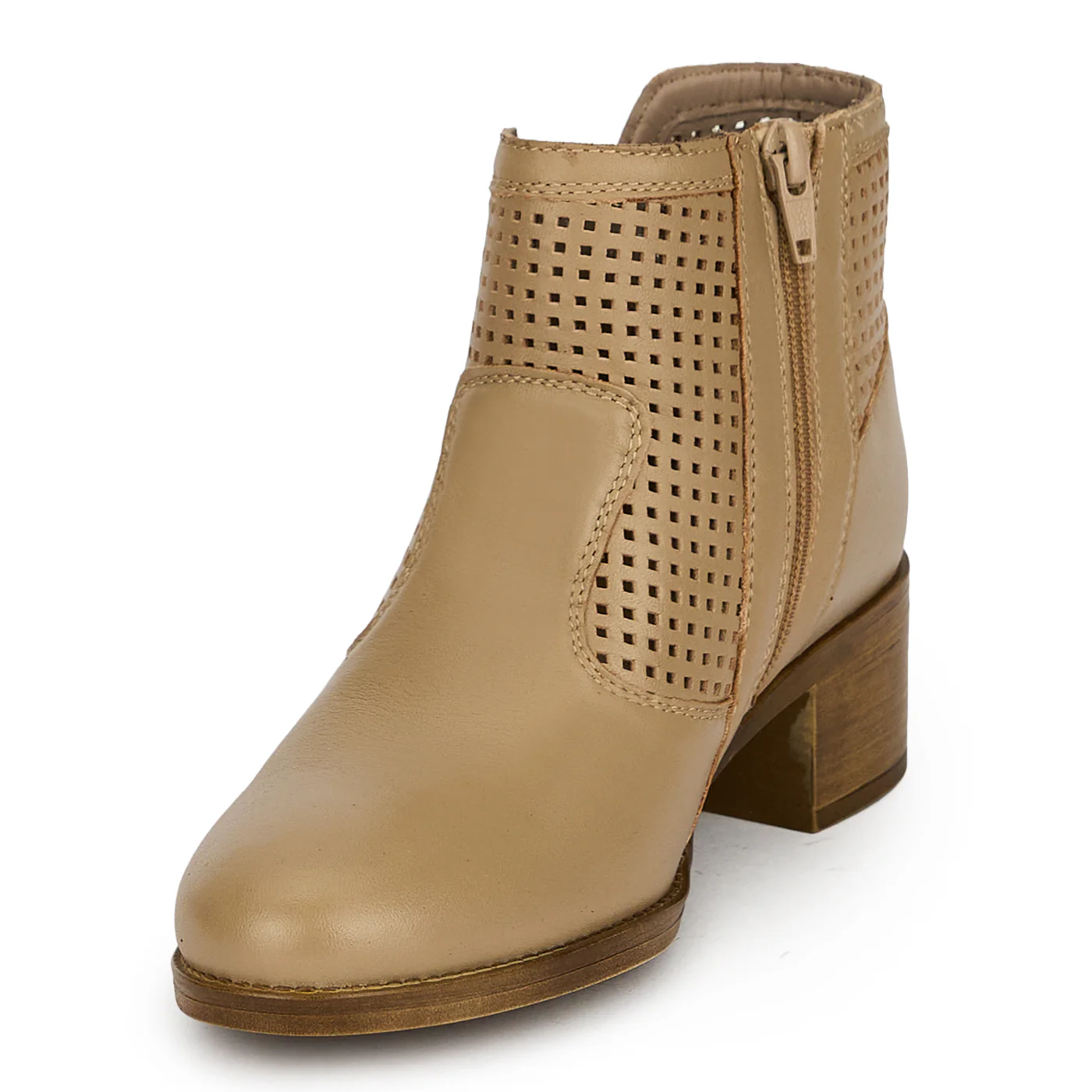 Botine perforate din piele naturala bej taupe cu toc gros 4 cm 19822 - Image 3