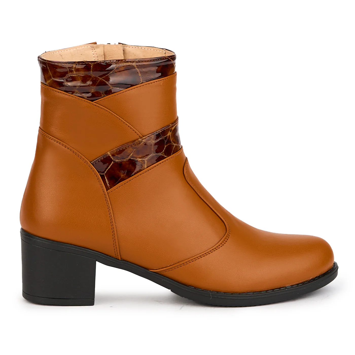 Ghete dama din piele naturala maro-cogniac cu toc 5 cm 17279