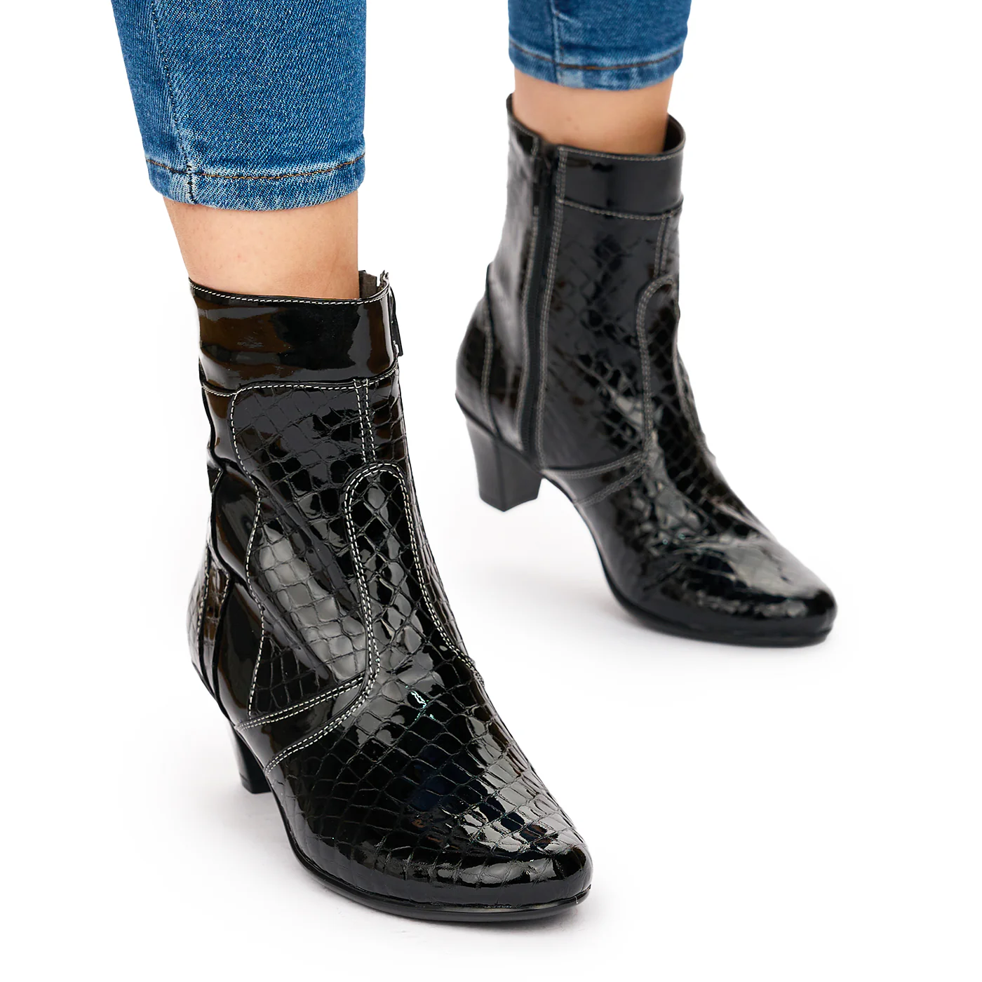 Ghete Dama Negre Lacuite din Piele cu Toc 6 Cm Casual 10819 - Image 2