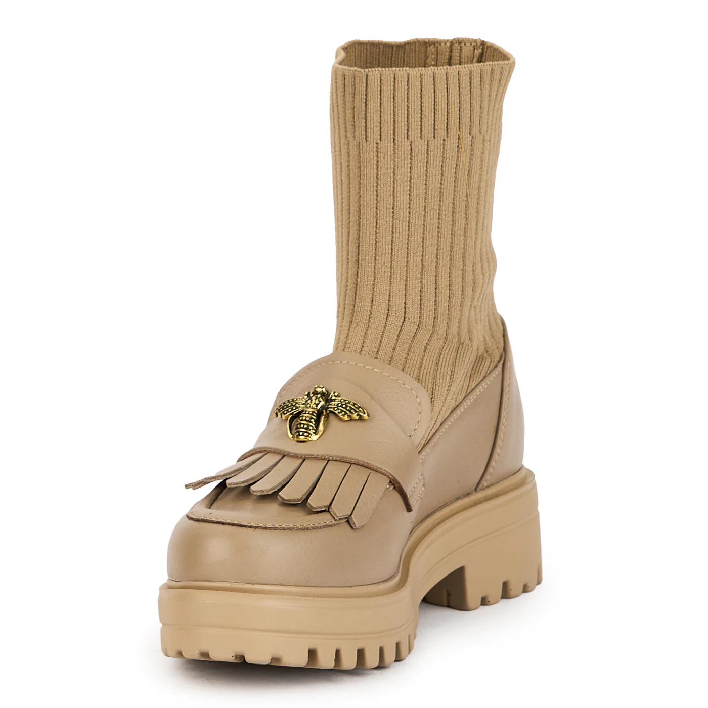 Ghete dama tip soseta din piele naturala bej cu accesoriu 17242 - Image 3