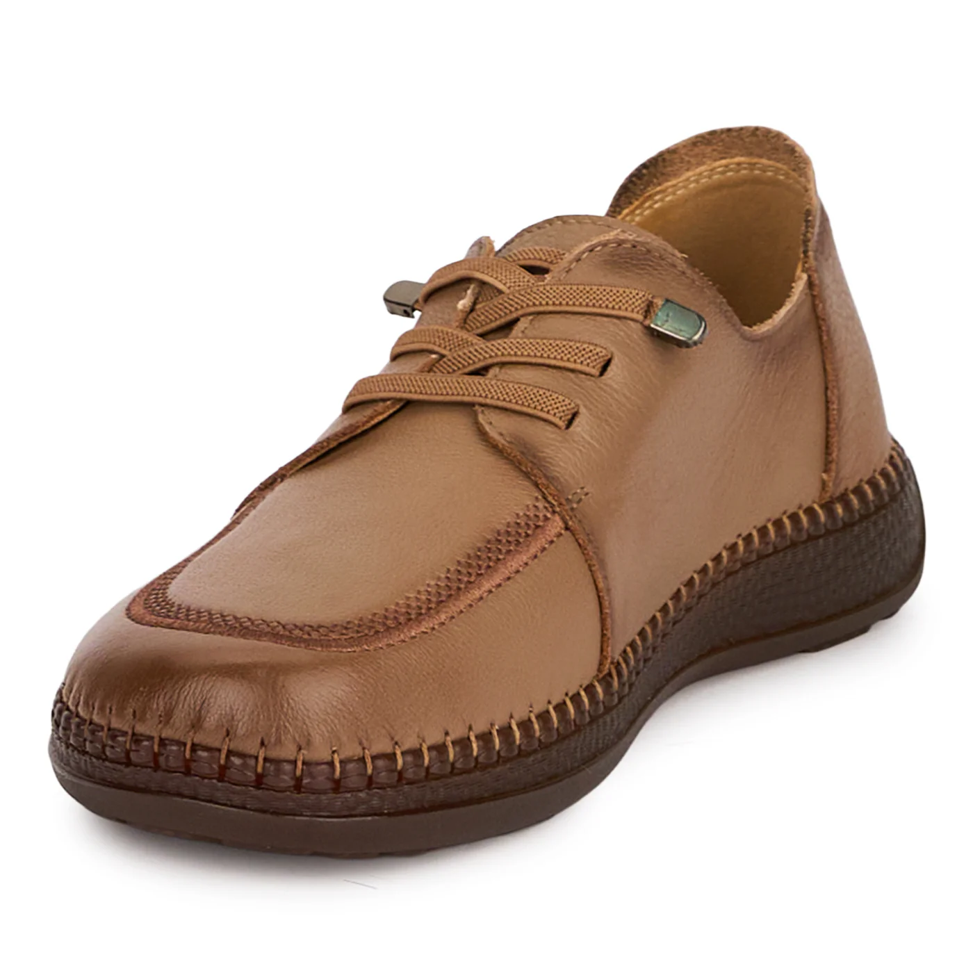 Pantofi casual dama din piele naturala bej cu siret elastic 18731 - Image 3