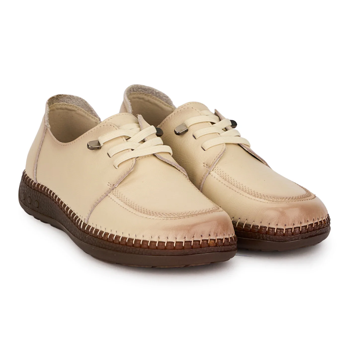 Pantofi casual dama din piele naturala crem cu siret elastic 18730 - Image 4