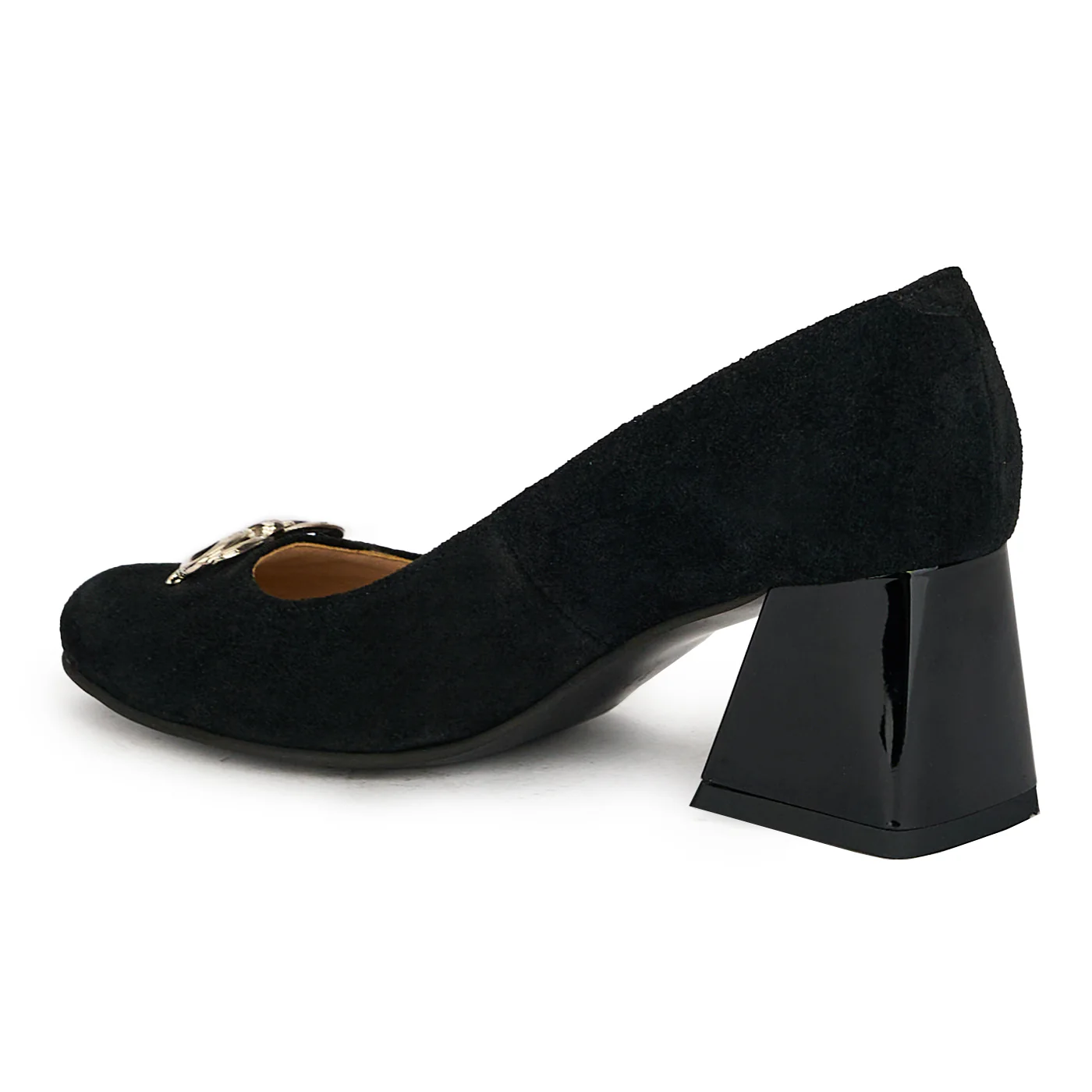 Pantofi cu toc gros dama din piele naturala neagra cu accesoriu 17592 - Image 2