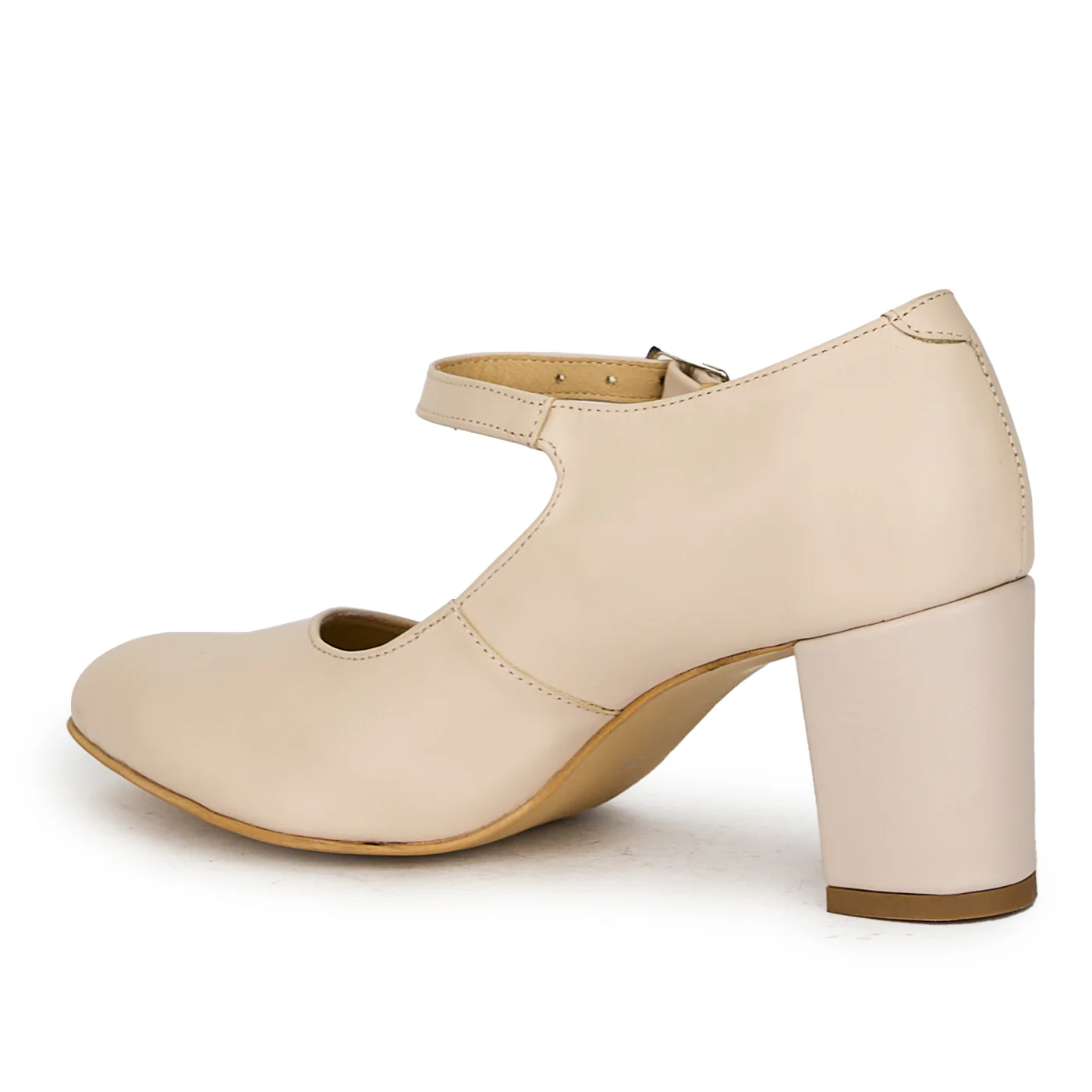 Pantofi cu toc gros dama eleganti din piele naturala bej 17594 - Image 2