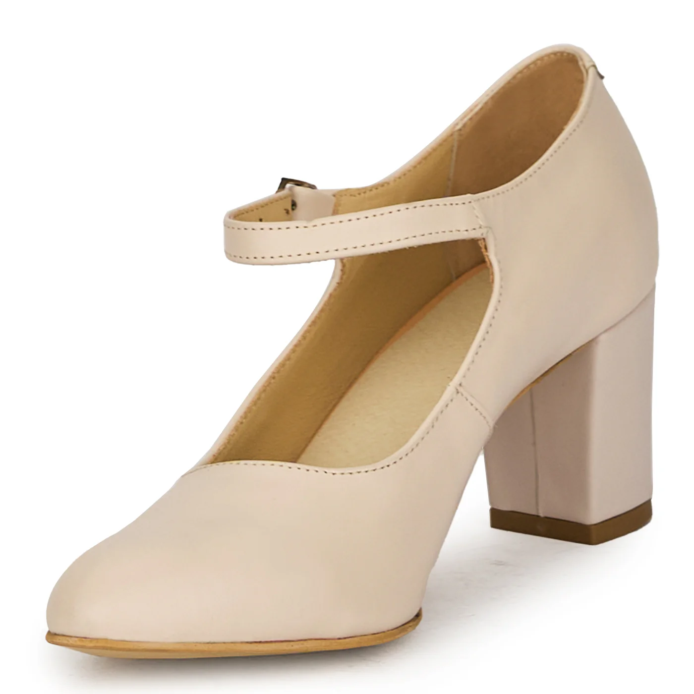 Pantofi cu toc gros dama eleganti din piele naturala bej 17594 - Image 3