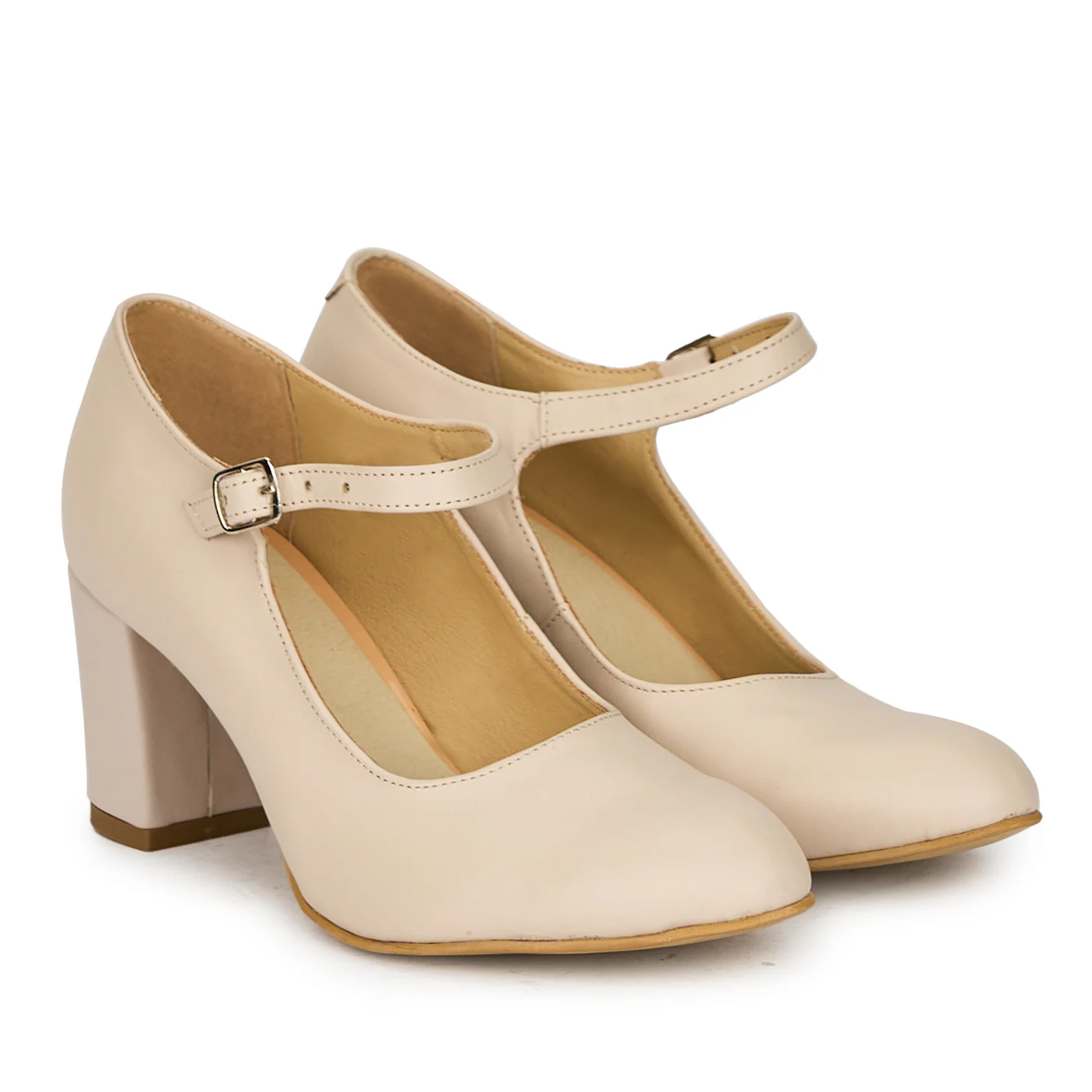 Pantofi cu toc gros dama eleganti din piele naturala bej 17594 - Image 4