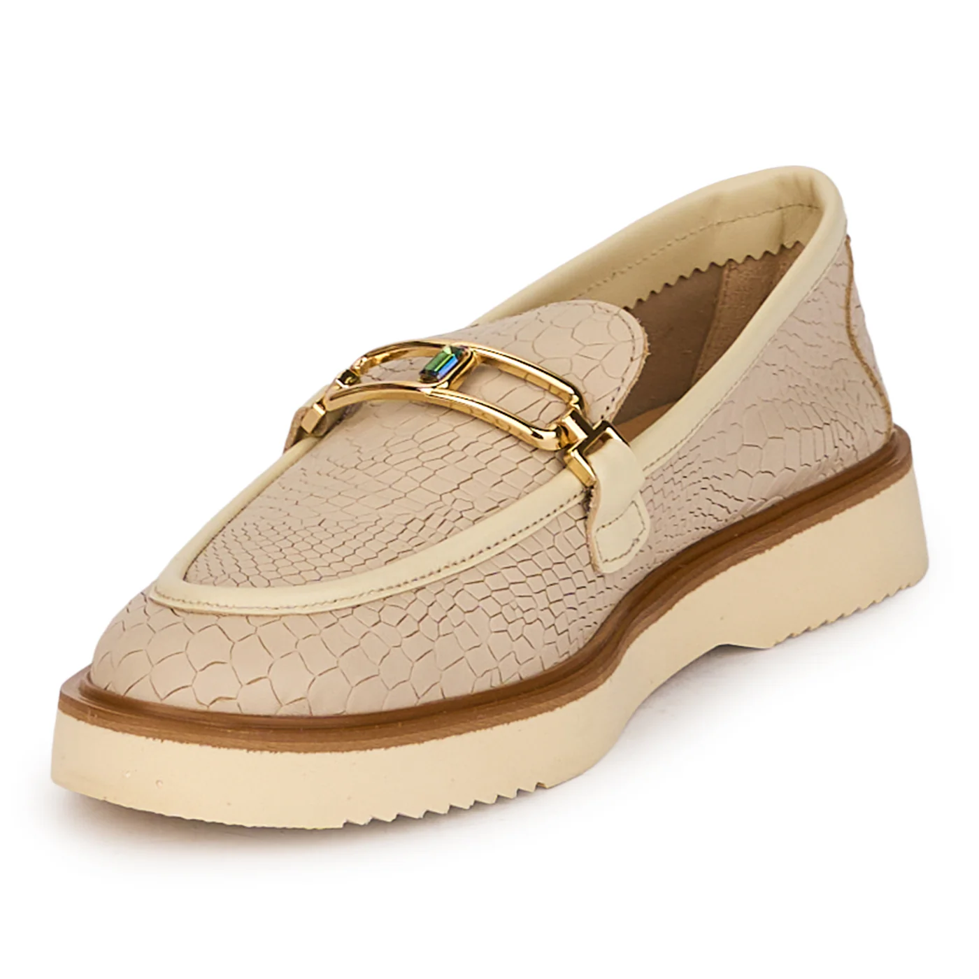 Pantofi dama casual din piele naturala bej cu accesoriu metalic 18482 - Image 3