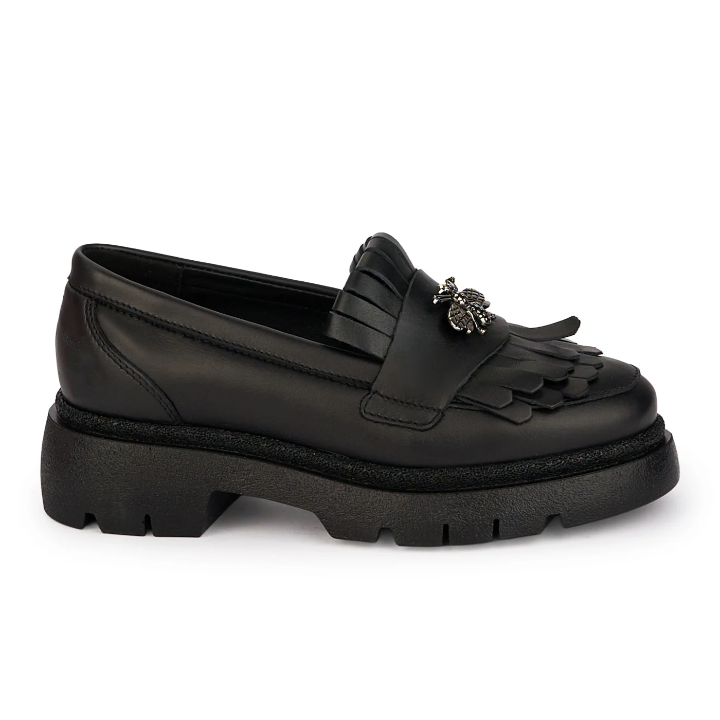 Pantofi dama casual din piele naturala neagra cu accesoriu 18421