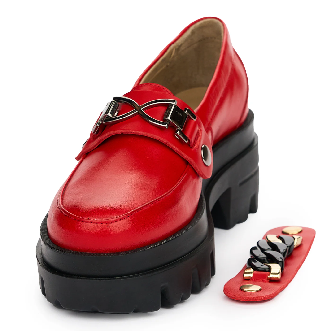 Pantofi dama cu doua accesorii din piele naturala rosie 12863 - Image 4