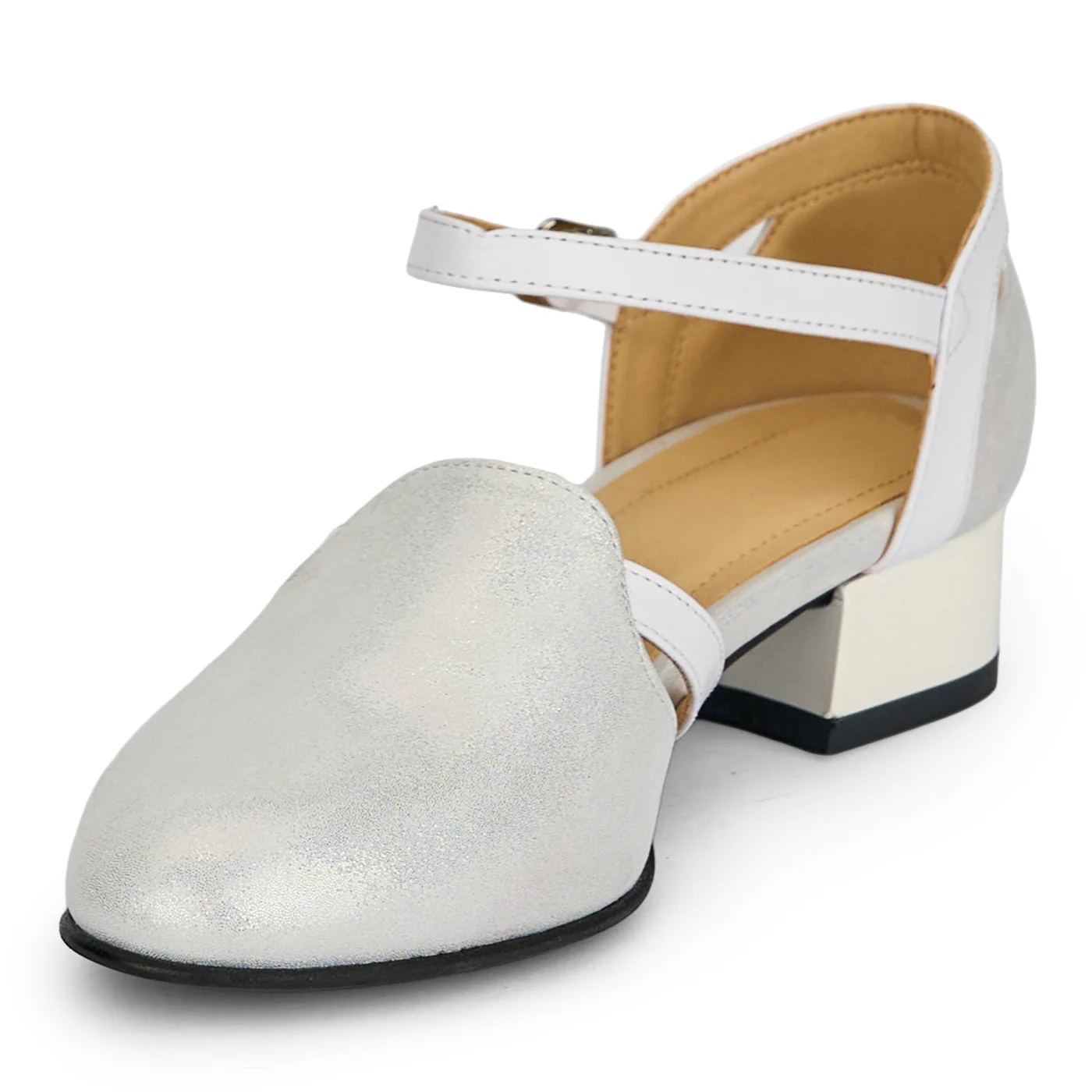 Pantofi dama din piele naturala alba sidefata cu toc mic 3 cm 19405 - Image 3
