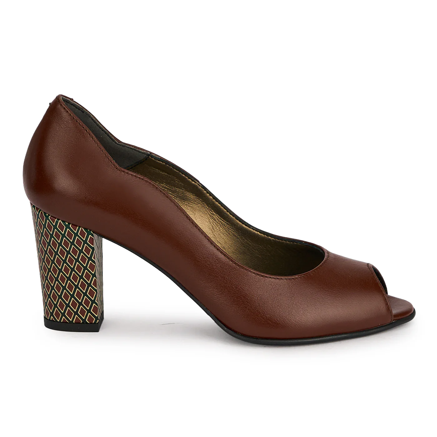 Pantofi dama decupati din piele naturala maro cu toc gros 7.5 cm 19670