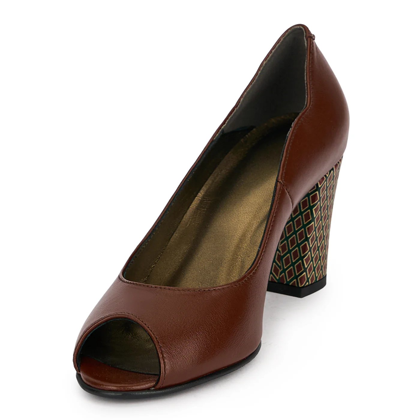 Pantofi dama decupati din piele naturala maro cu toc gros 7.5 cm 19670 - Image 3