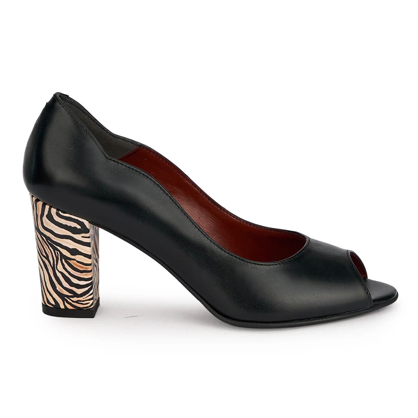 Pantofi dama decupati din piele naturala neagra cu toc gros 7.5 cm 19669