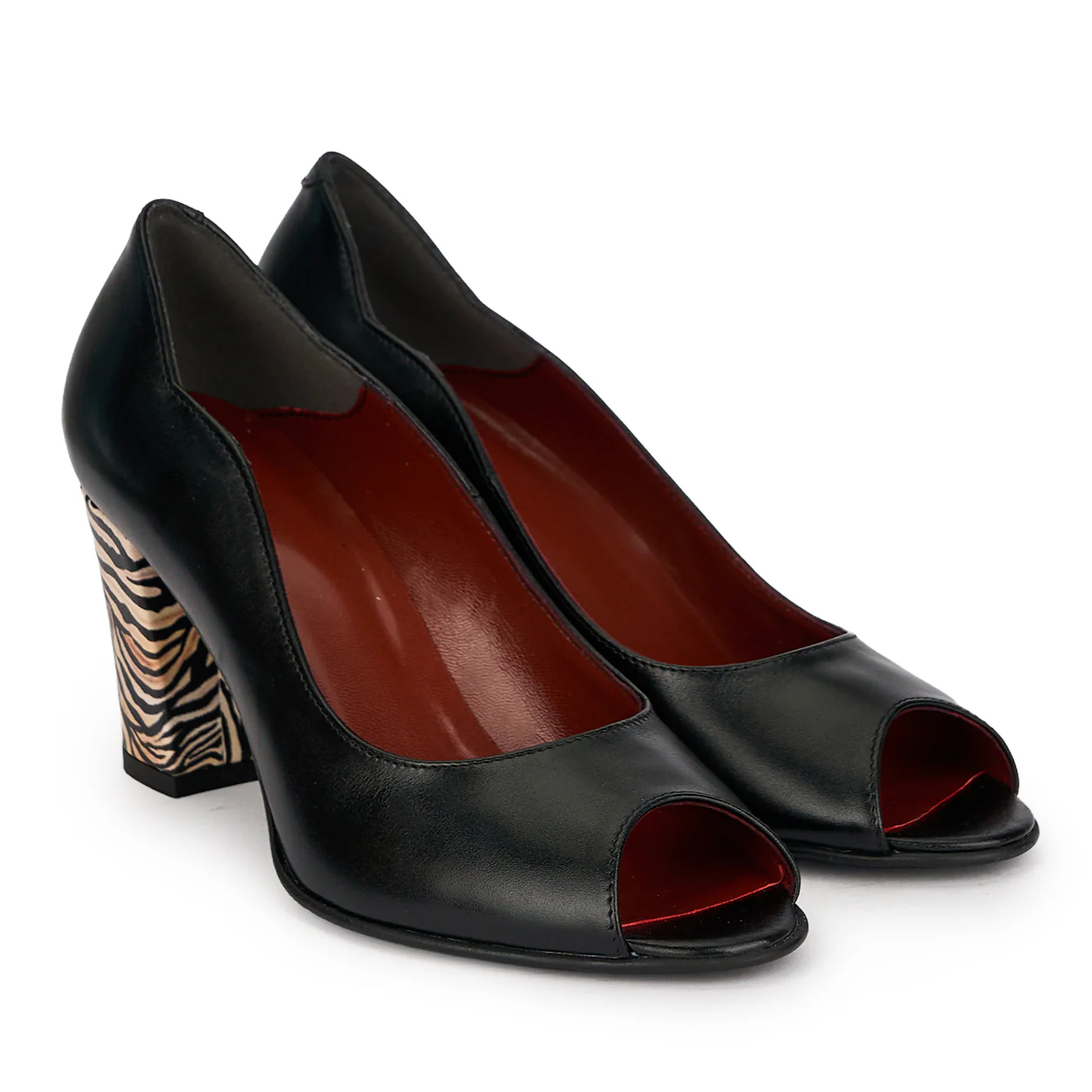 Pantofi dama decupati din piele naturala neagra cu toc gros 7.5 cm 19669 - Image 4