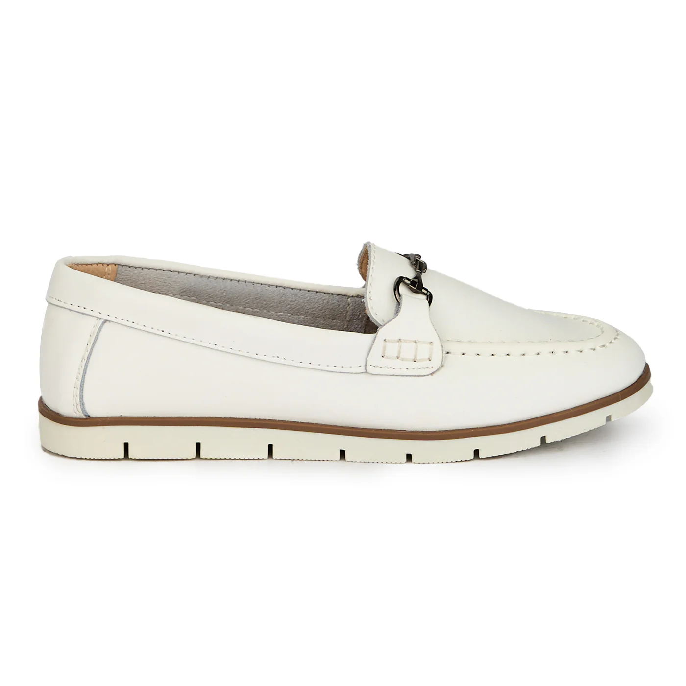 Pantofi dama din piele naturala alba cu accesoriu metalic 17656
