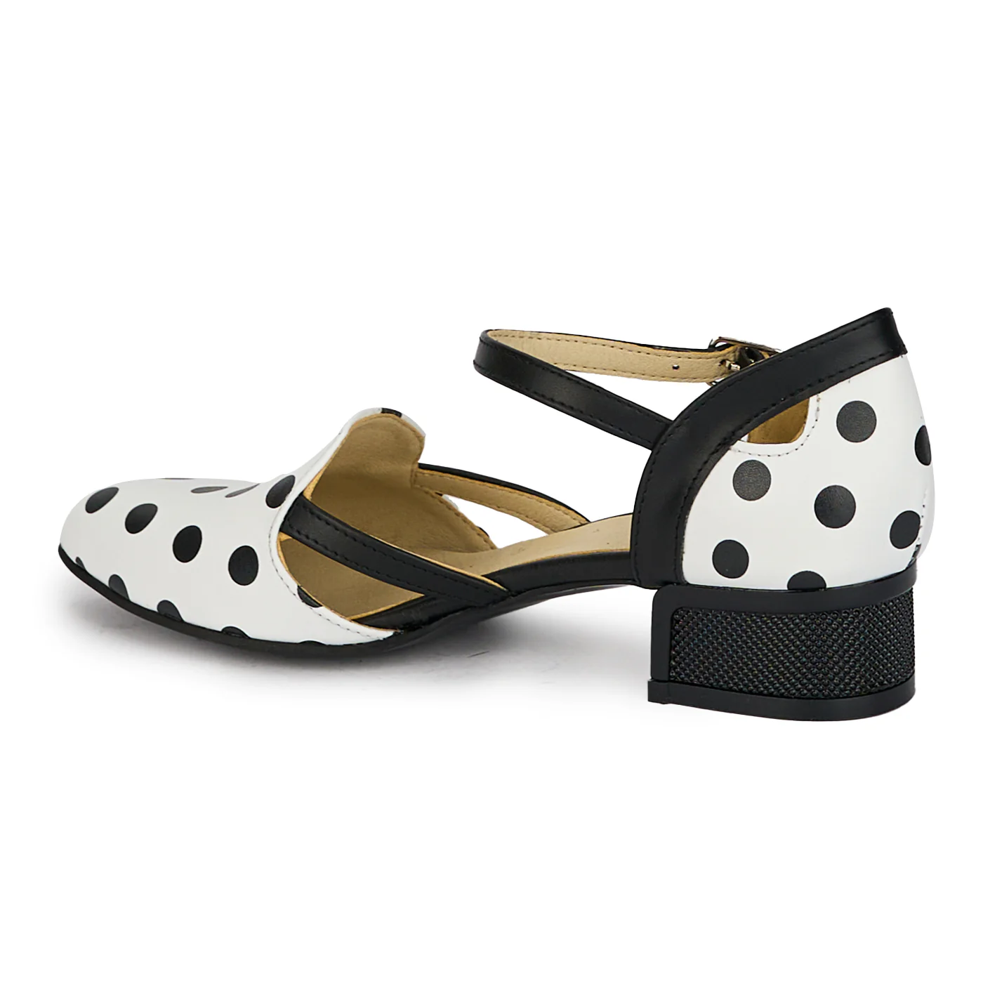 Pantofi dama din piele naturala alba cu buline negre cu toc mic 3 cm 18173 - Image 2