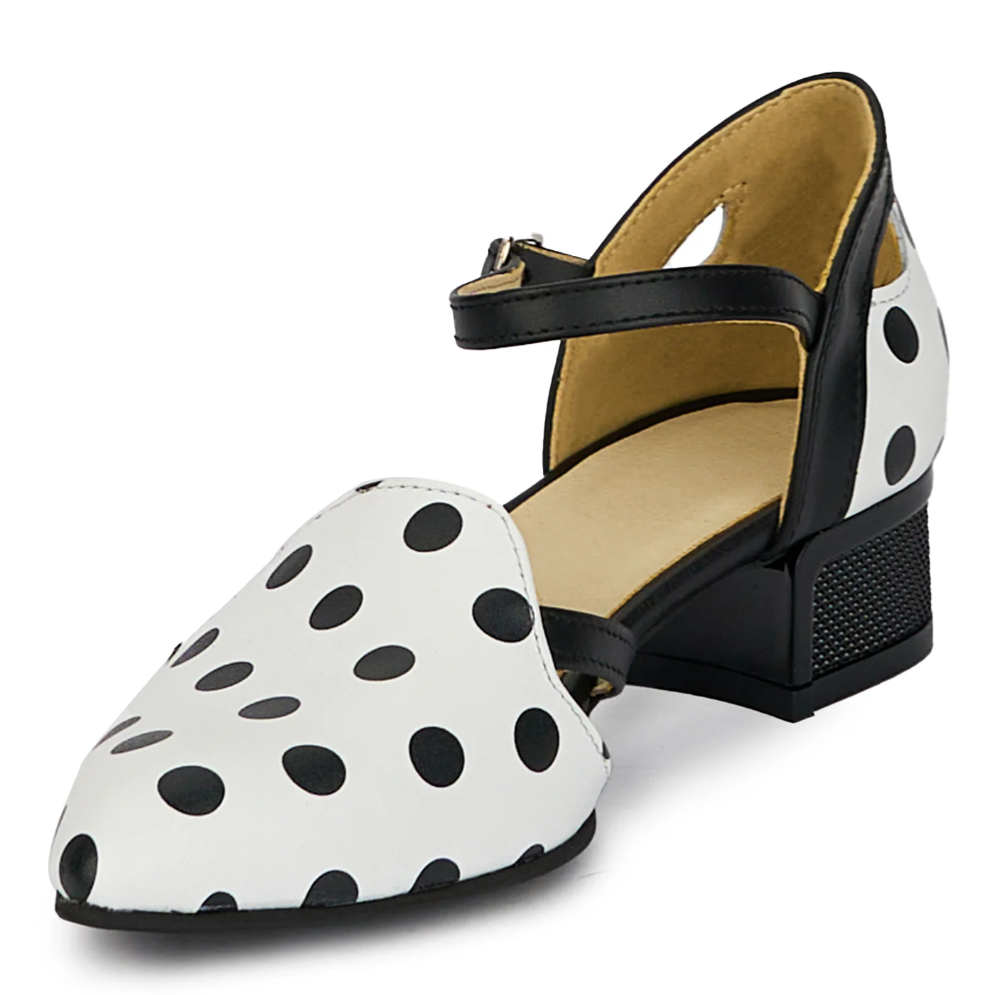 Pantofi dama din piele naturala alba cu buline negre cu toc mic 3 cm 18173 - Image 3