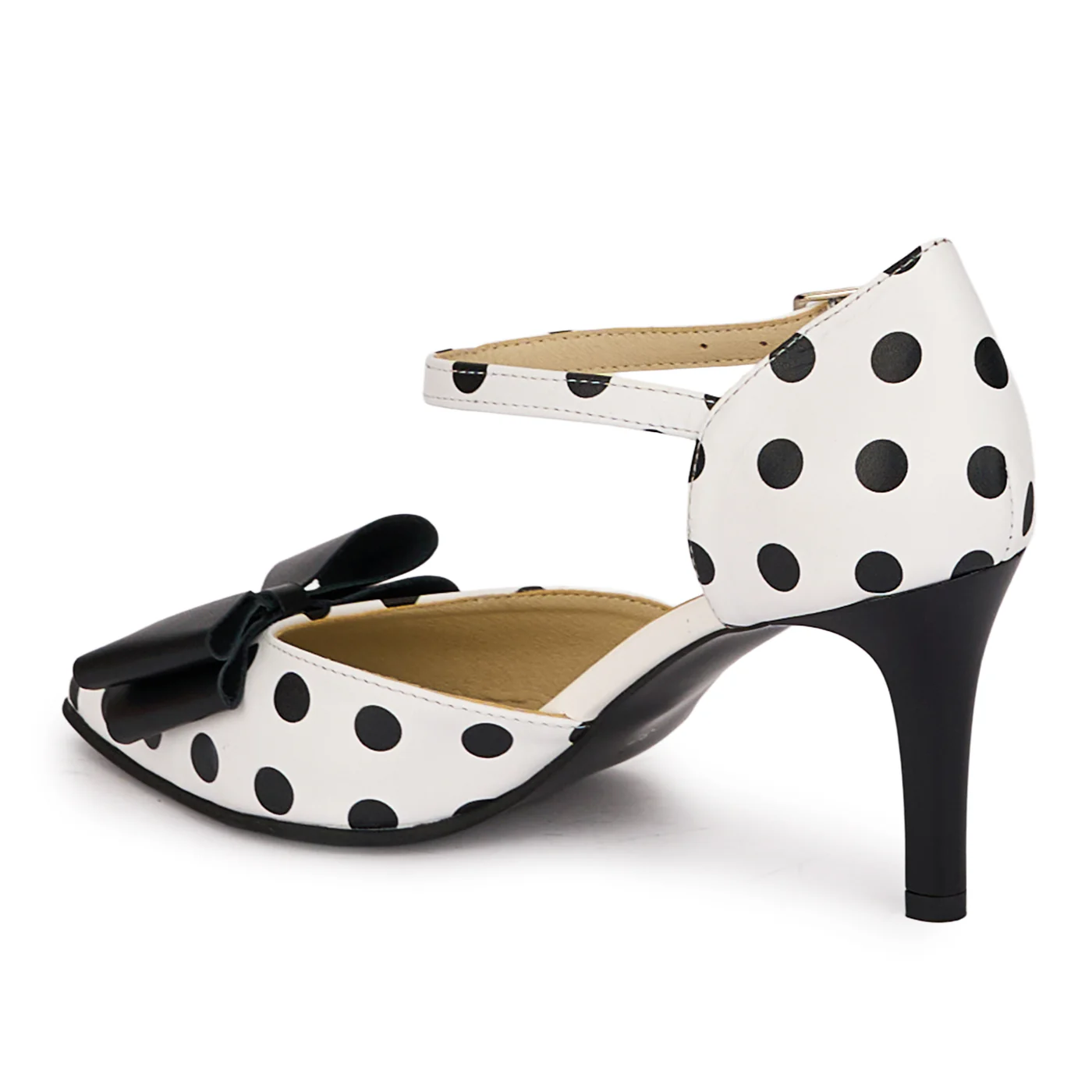 Pantofi dama din piele naturala alba cu buline negre cu toc subtire 7.5 cm 18634 - Image 2