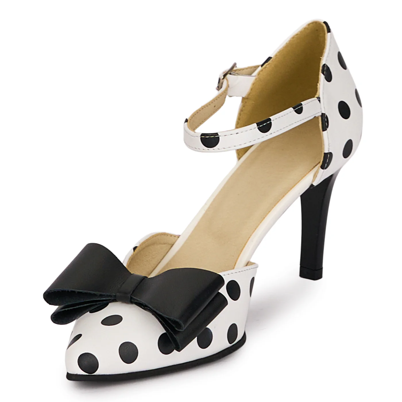 Pantofi dama din piele naturala alba cu buline negre cu toc subtire 7.5 cm 18634 - Image 3