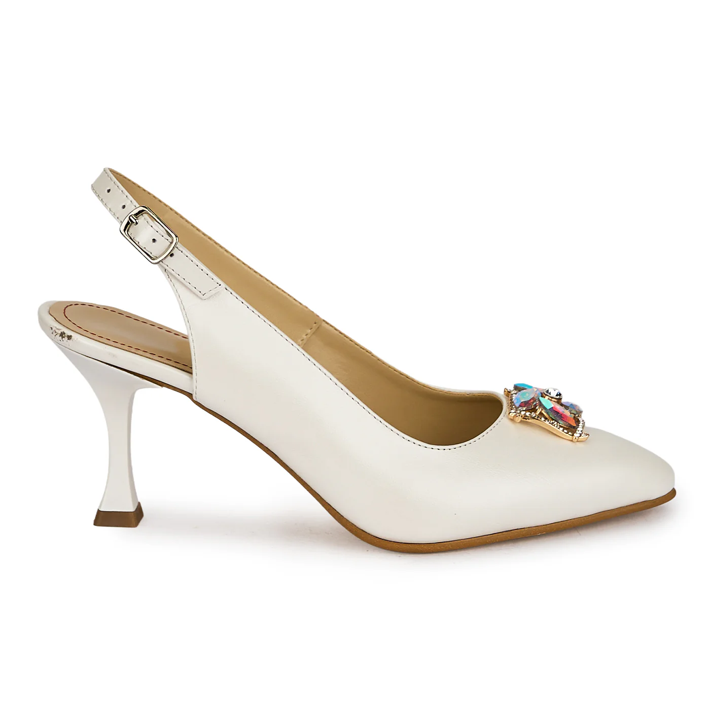 Pantofi dama din piele naturala alba cu toc subtire 7.5 cm 19859