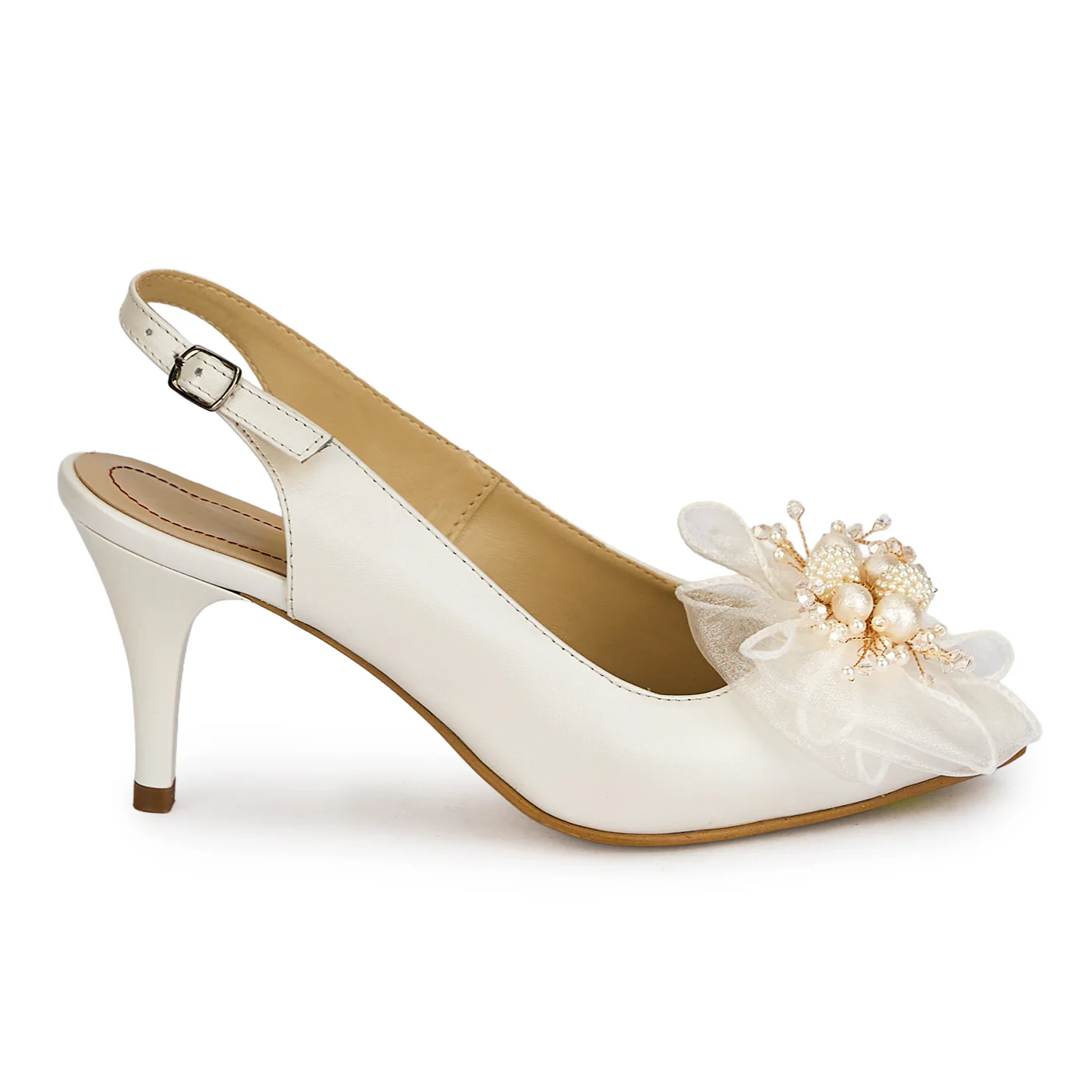 Pantofi dama din piele naturala alba sidef cu toc subtire 7.5 cm 19885