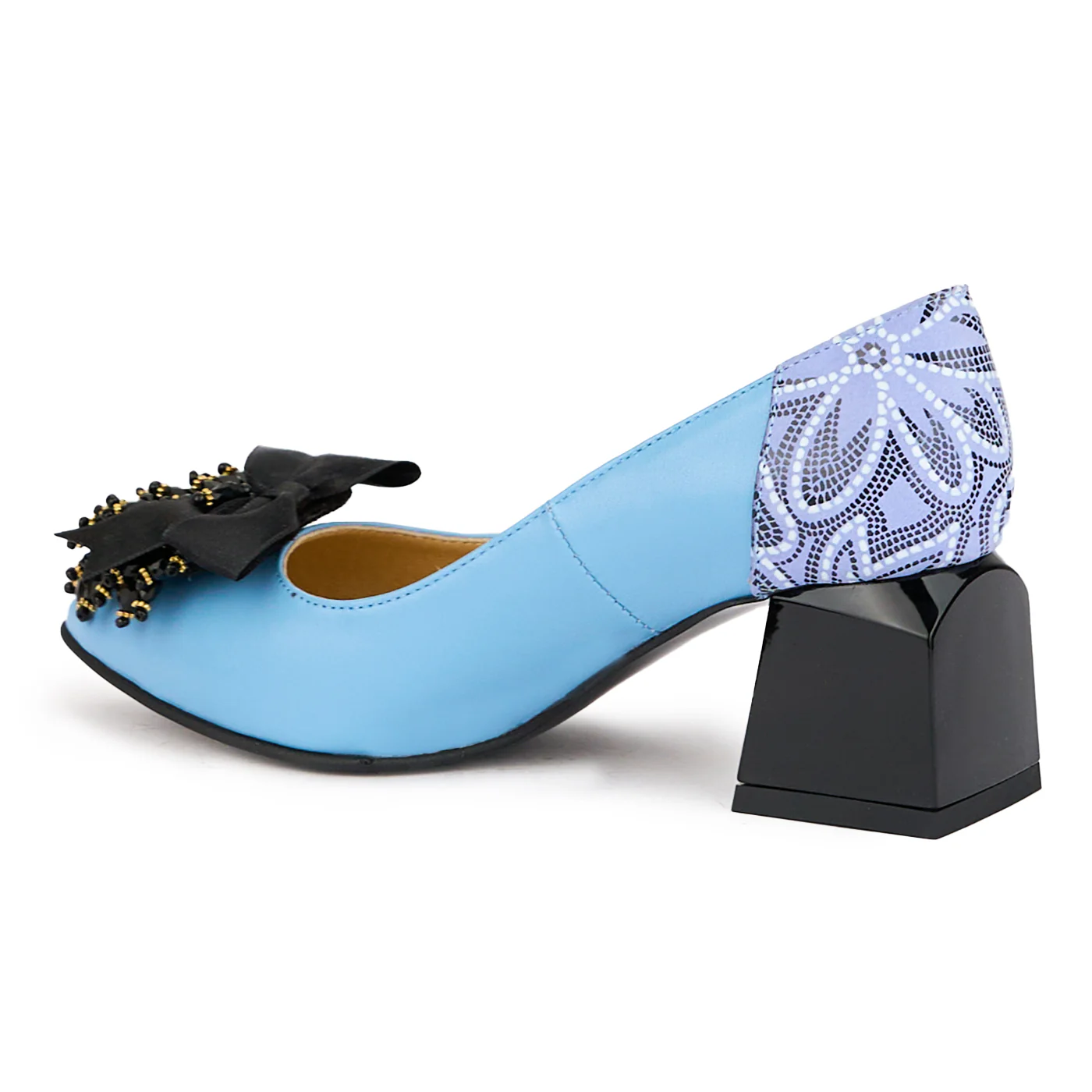 Pantofi dama din piele naturala albastra cu accesoriu si toc gros 6 cm 16357 - Image 2