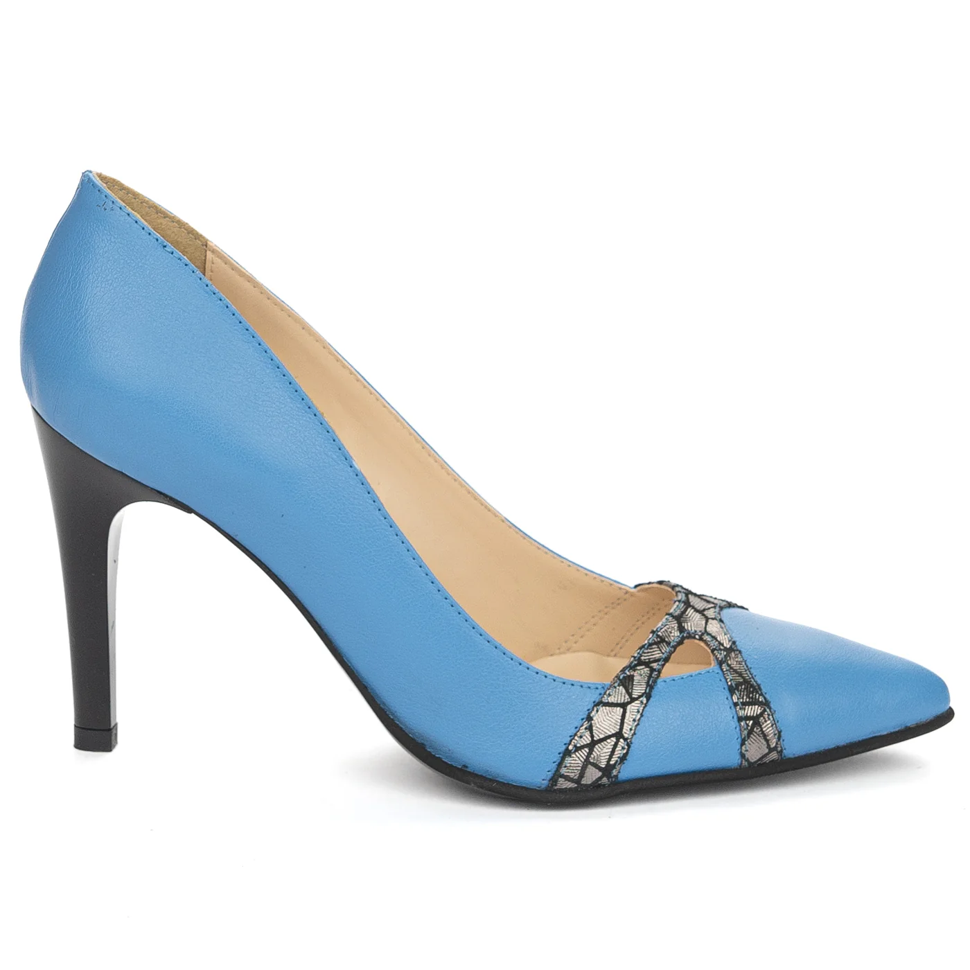 Pantofi dama din piele naturala albastra cu toc subtire 9 cm 13885