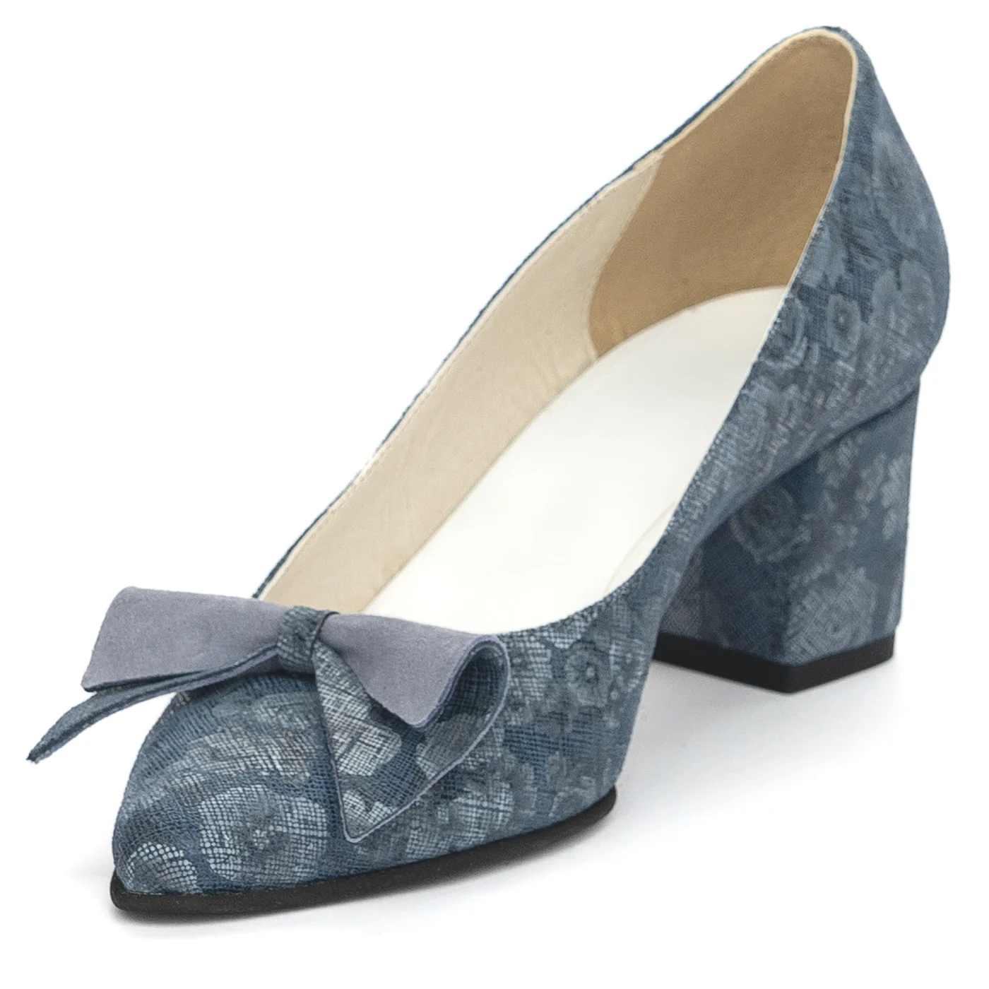 Pantofi dama din piele naturala albastra floral cu toc gros 6 cm 13906 - Image 3