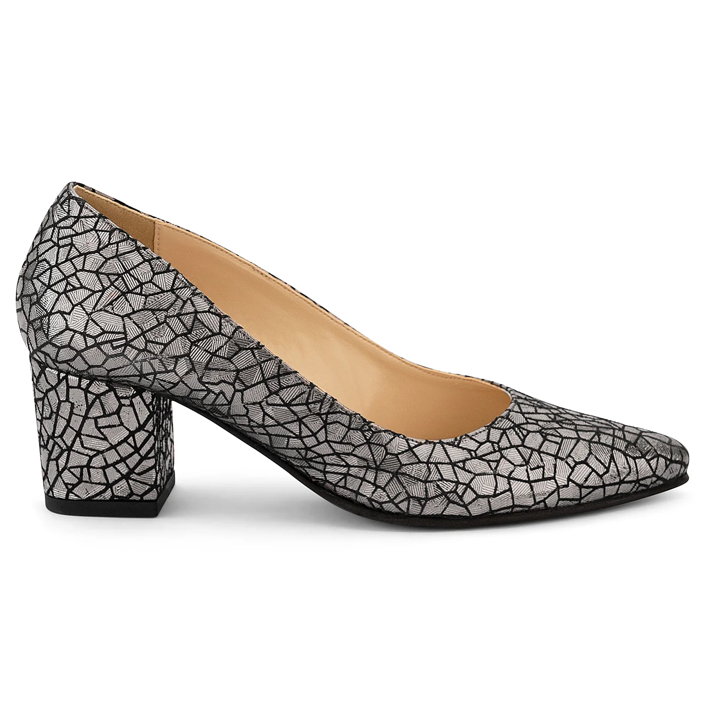 Pantofi dama din piele naturala argintie cu toc gros 6 cm 14147