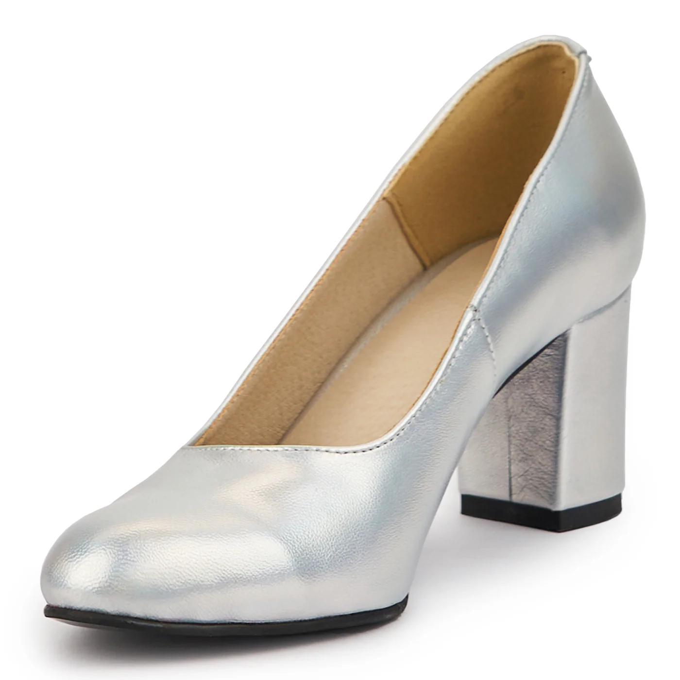 Pantofi dama din piele naturala argintie cu toc gros 7 cm 14679 - Image 3