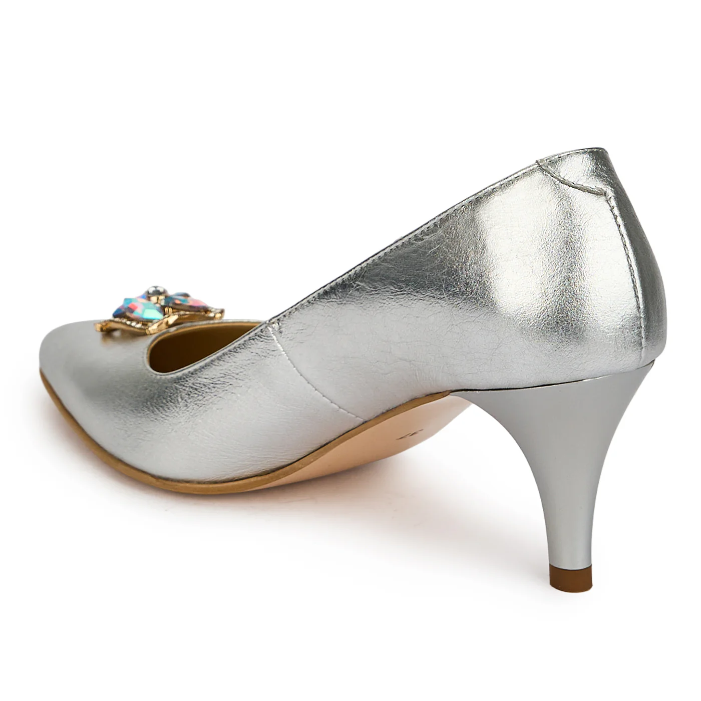 Pantofi dama din piele naturala argintie cu toc subtire 7 cm 19465 - Image 2