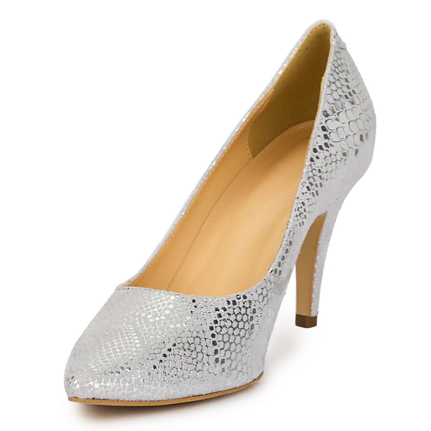 Pantofi dama din piele naturala argintie cu toc subtire 8.5 cm 16007 - Image 3