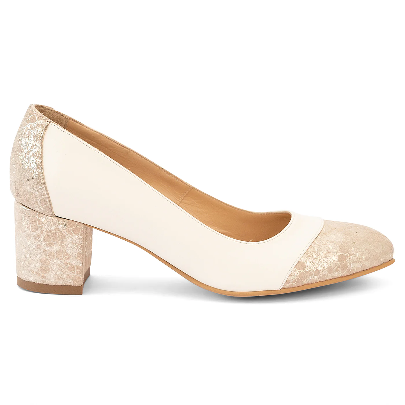 Pantofi dama din piele naturala bej cu toc gros 6 cm 14198