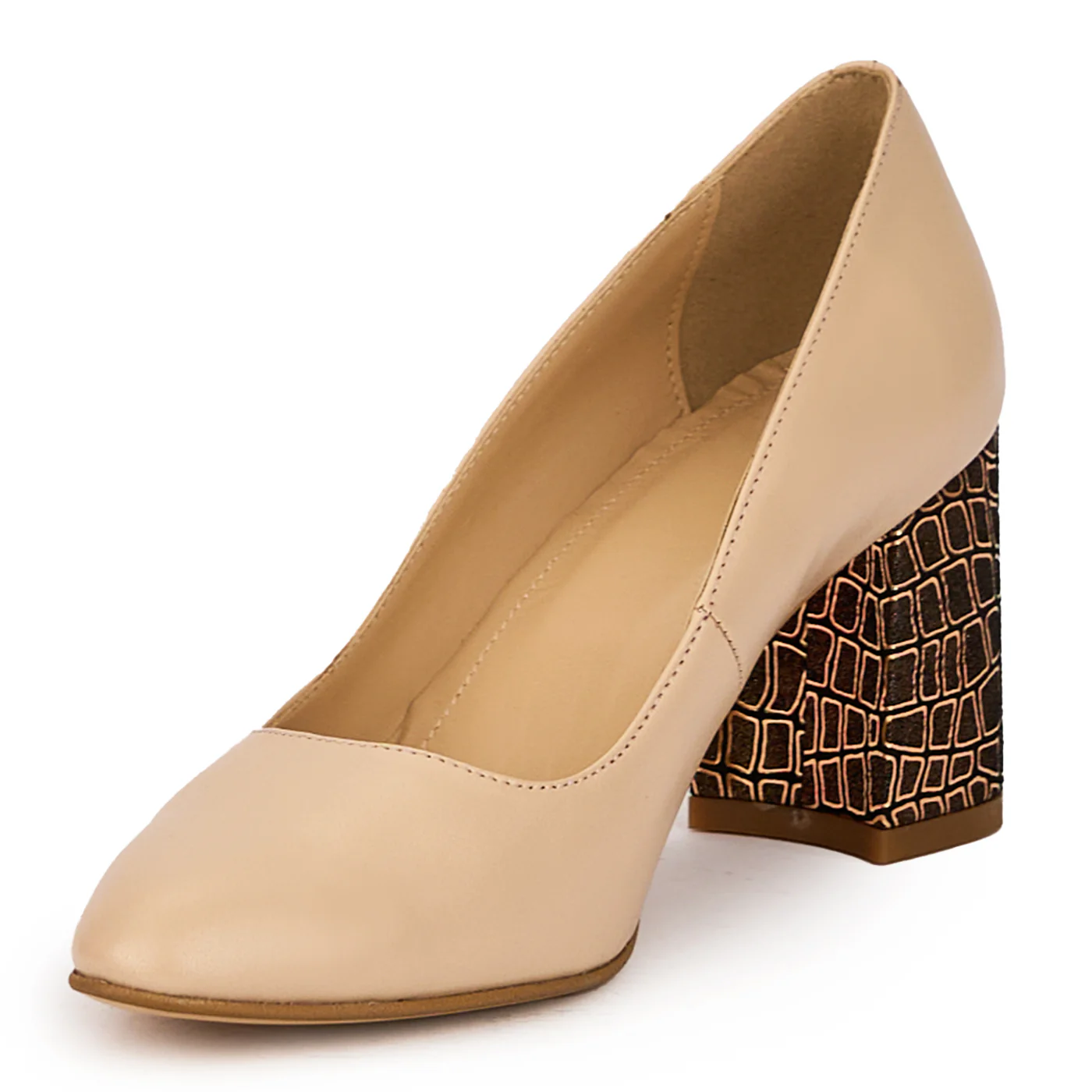 Pantofi dama din piele naturala bej-nude cu toc gros 7.5 cm 16006 - Image 3