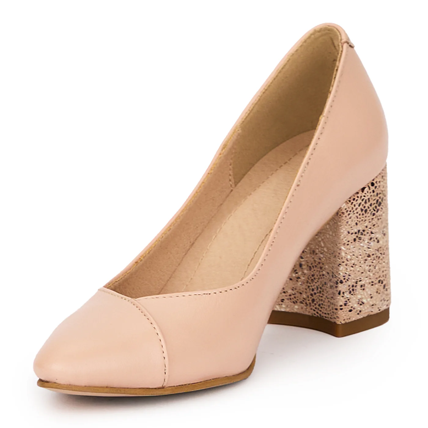 Pantofi dama din piele naturala bej-nude cu toc gros 7 cm 15457 - Image 3