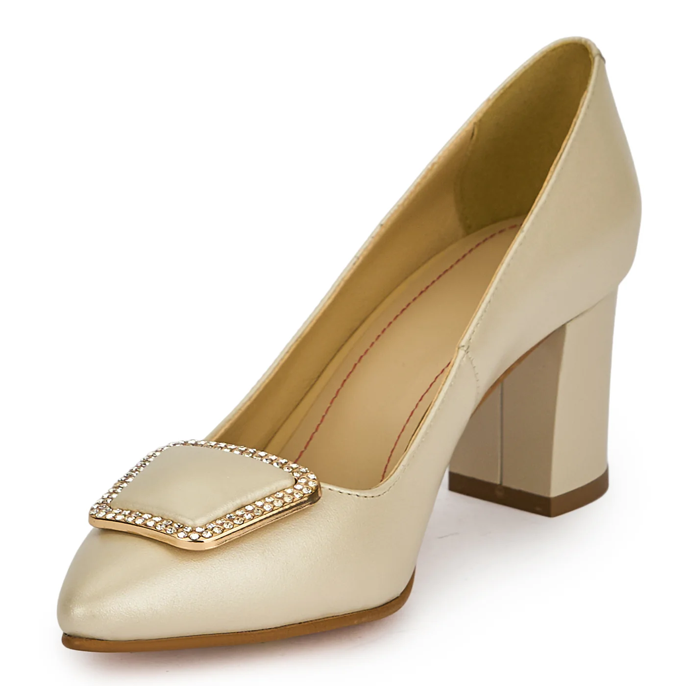 Pantofi dama din piele naturala bej sidef cu toc gros 6.5 cm 19435 - Image 3