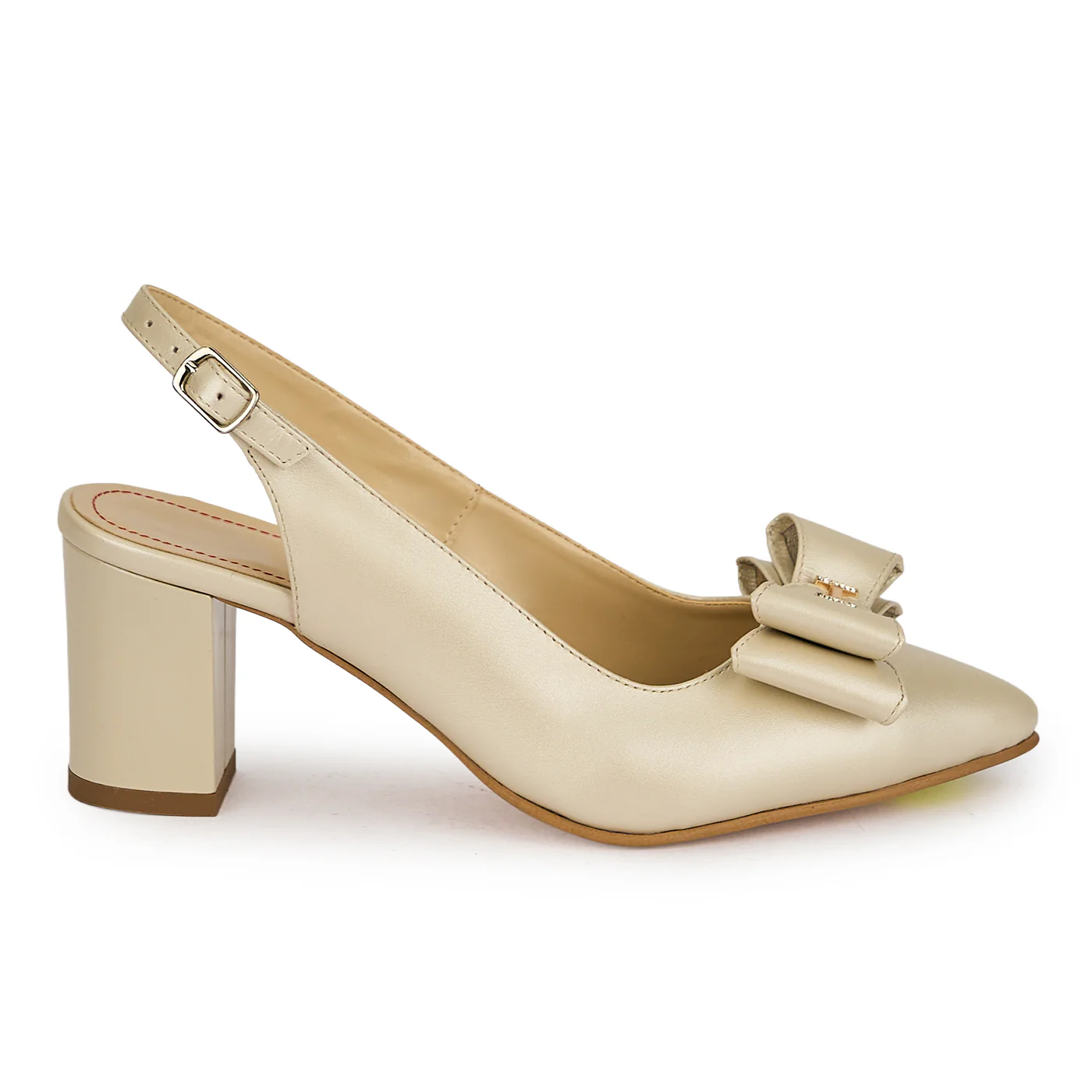 Pantofi dama din piele naturala bej sidef cu toc gros 6.5 cm 19893