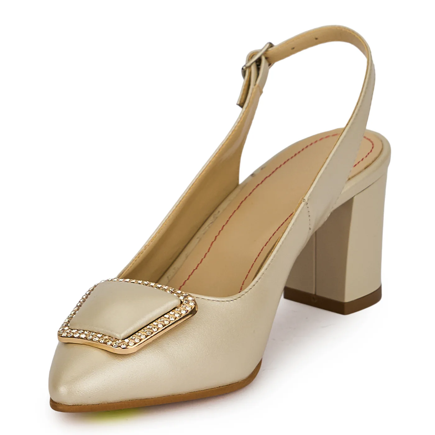 Pantofi dama din piele naturala bej sidef cu toc gros 6.5 cm 19898 - Image 3