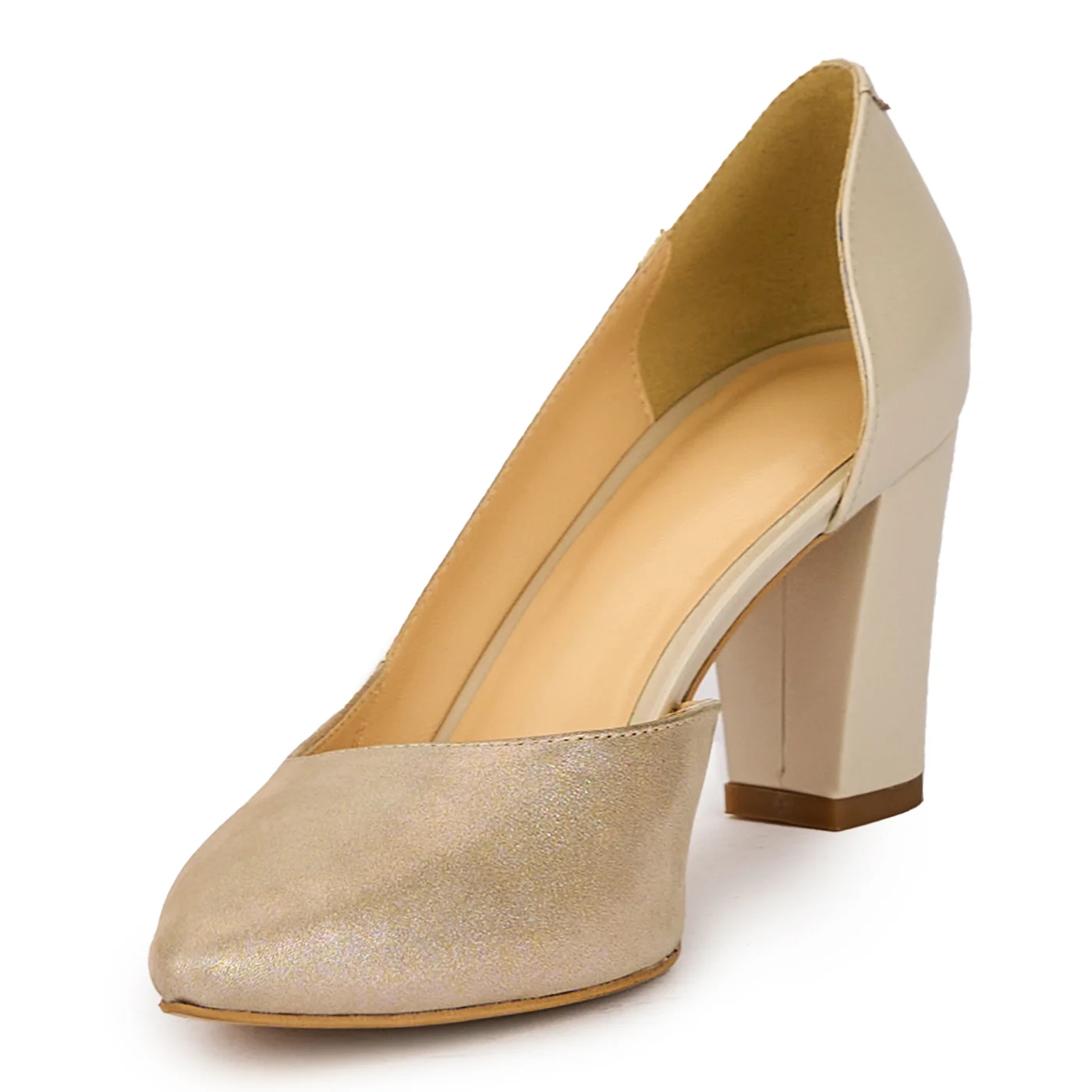 Pantofi dama din piele naturala bej sidefat cu toc gros 7.5 cm 15927 - Image 3