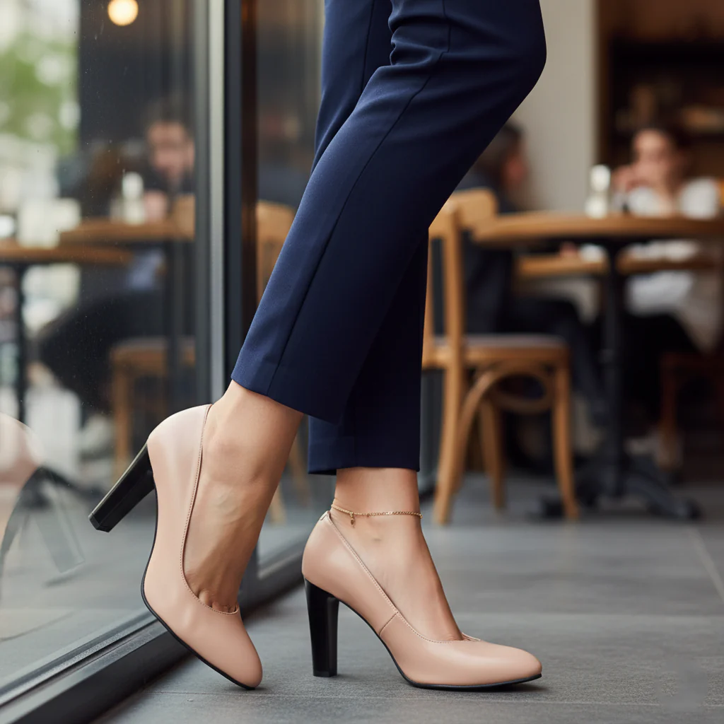 Pantofi dama din piele naturala bej taupe cu toc gros 9 cm 19687 - Image 2