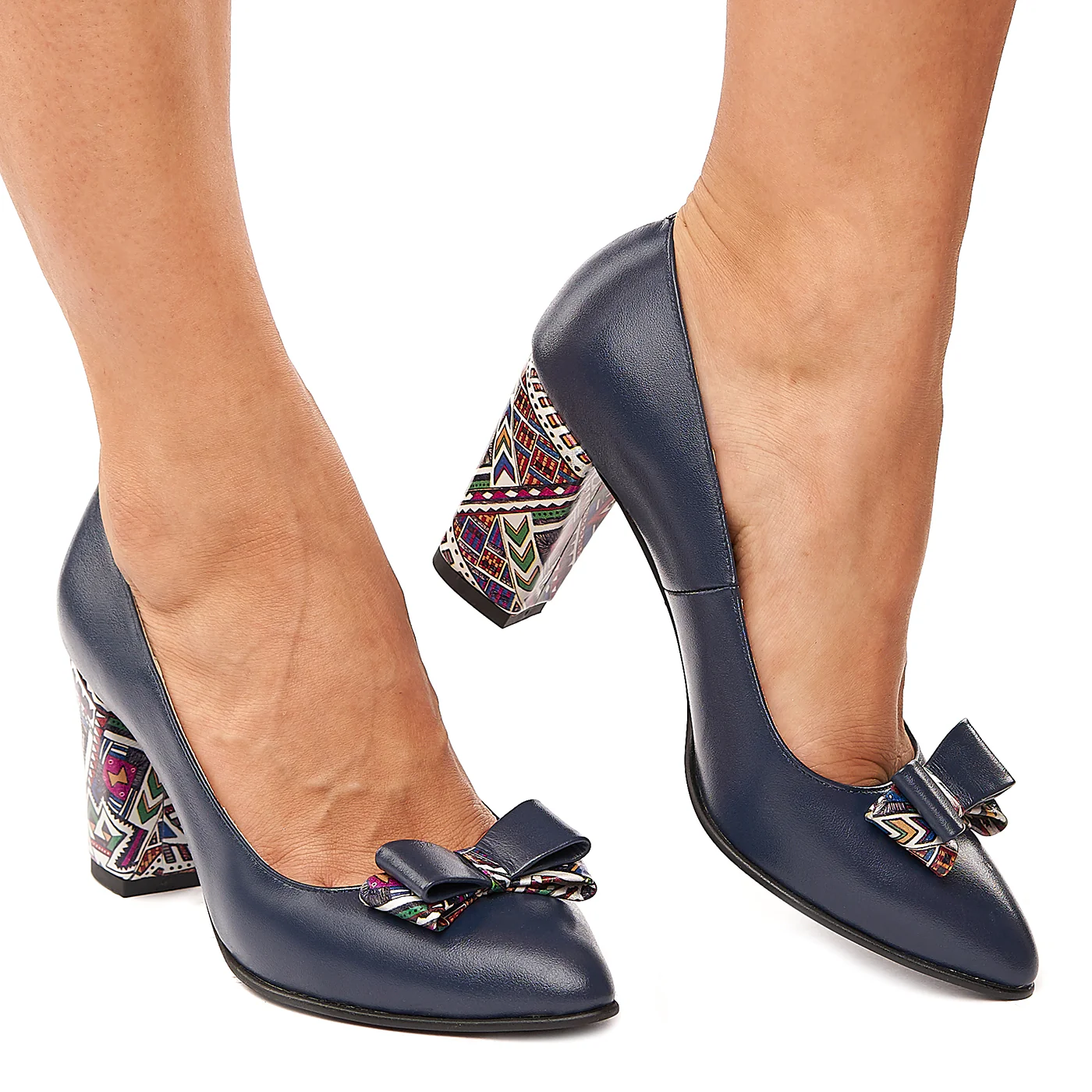 Pantofi dama din piele naturala bleumarin cu toc colorat 4198 - Image 2